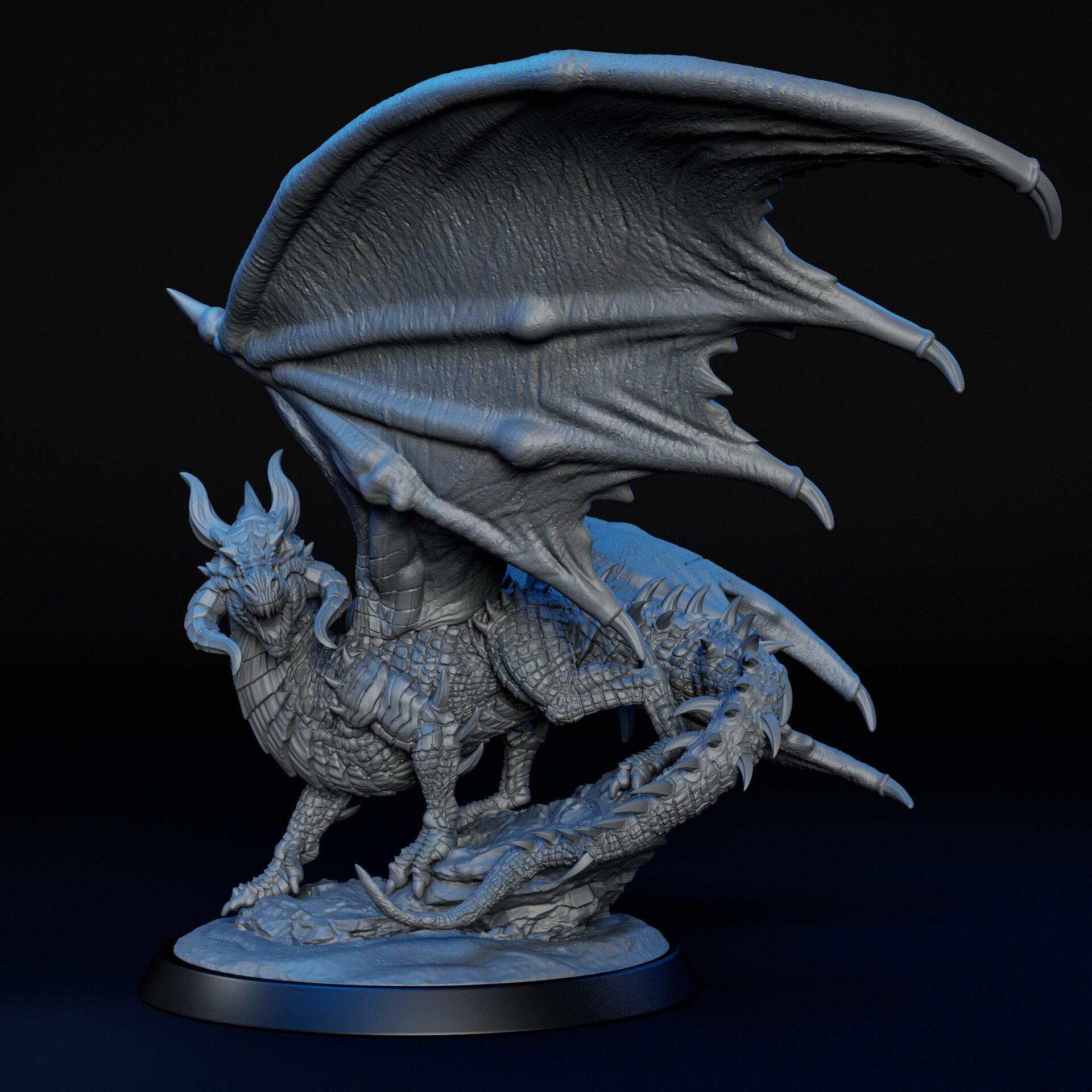 Front of High-detailed ancient black dragon RPG fine art miniature for collectors, sculpted by Alex Oliver for Fantastic Art Studios.