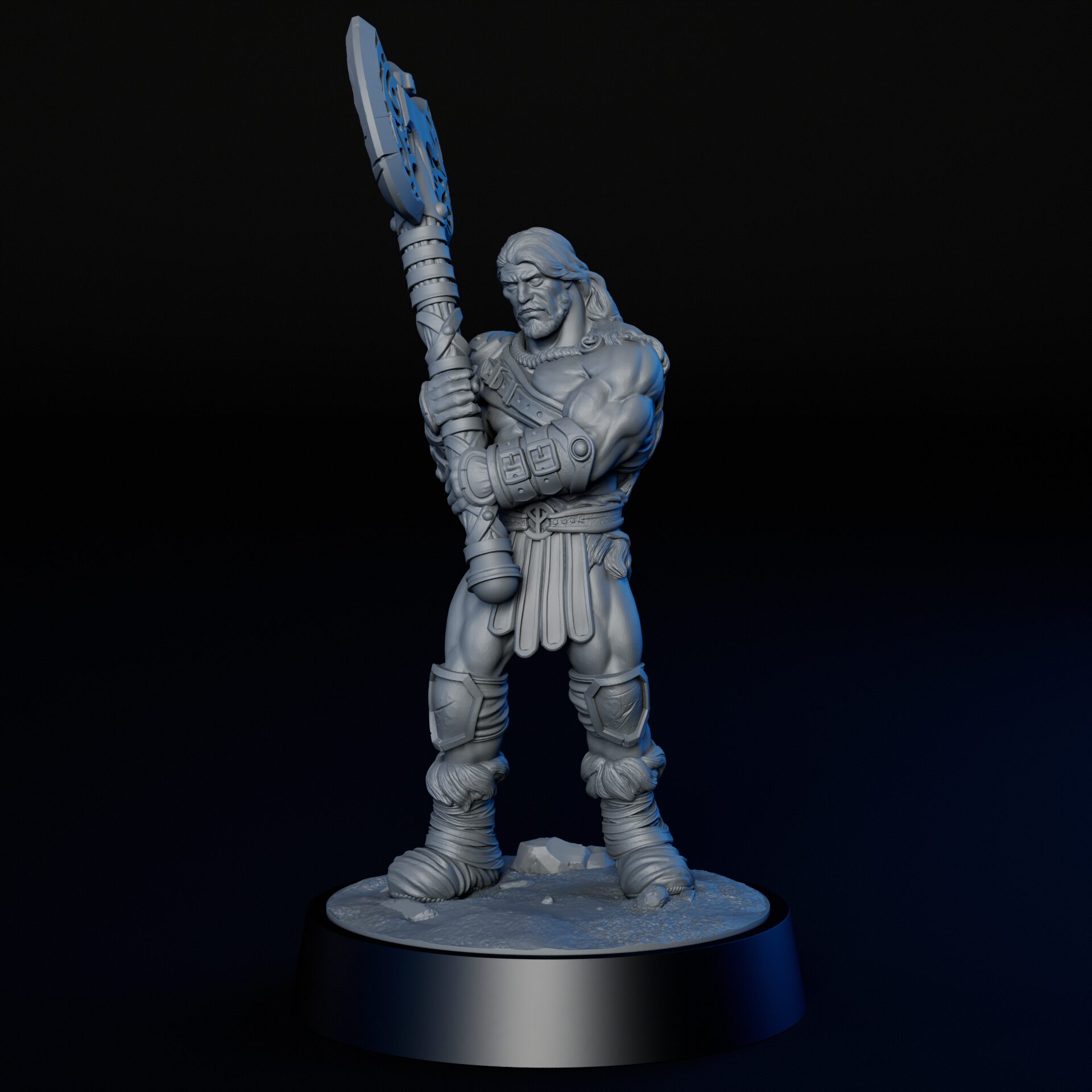 Front of 35mm male human barbarian RPG fine art miniature for collectors, sculpted by Alex Oliver for Fantastic Art Studios.