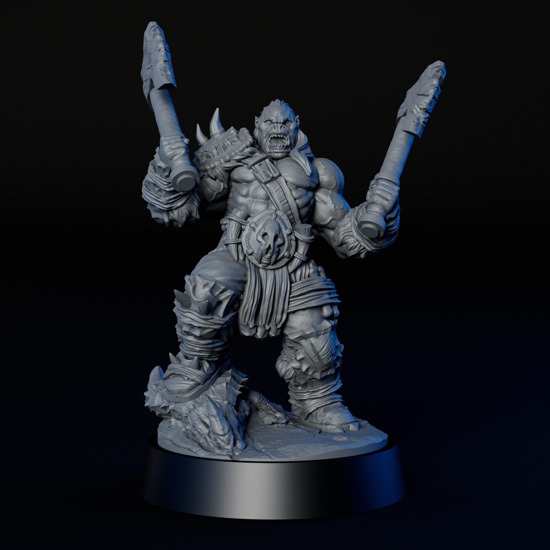 Front of high-detailed 35mm orc berserker RPG fine art miniature for collectors, sculpted by Alex Oliver for Fantastic Art Studios.