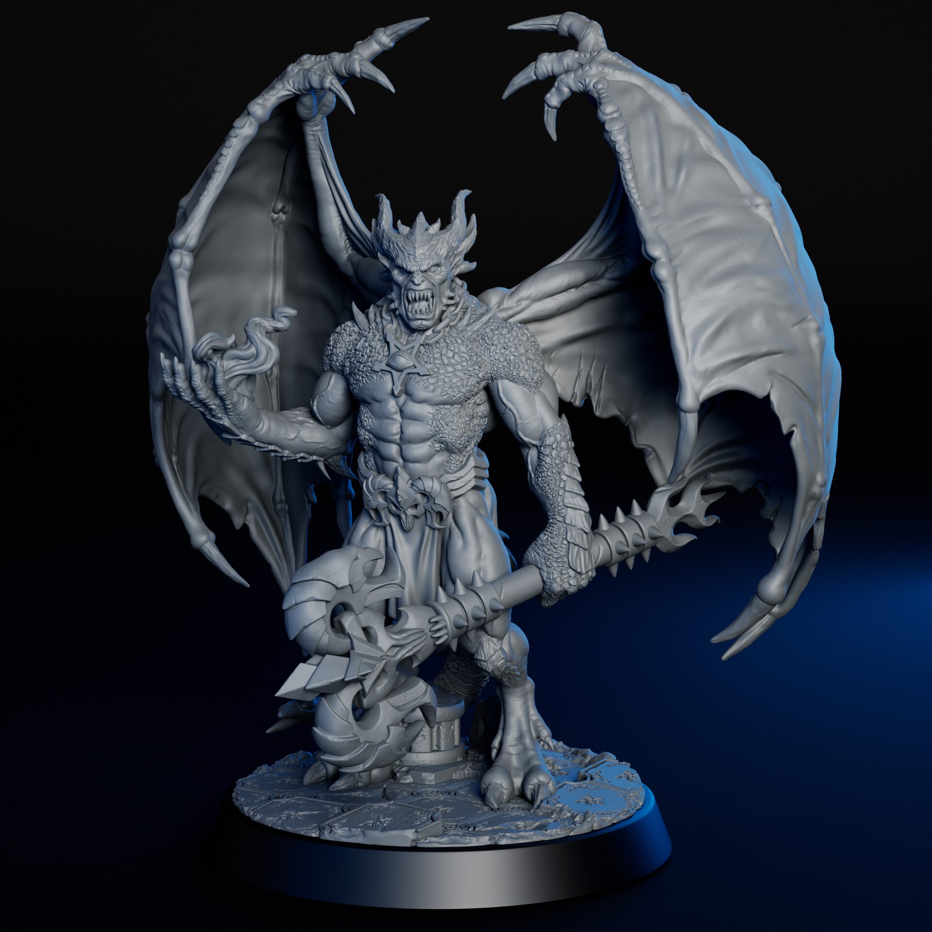 Front of high-detailed 35mm pit fiend RPG fine art miniature for collectors, sculpted by Alex Oliver for Fantastic Art Studios.