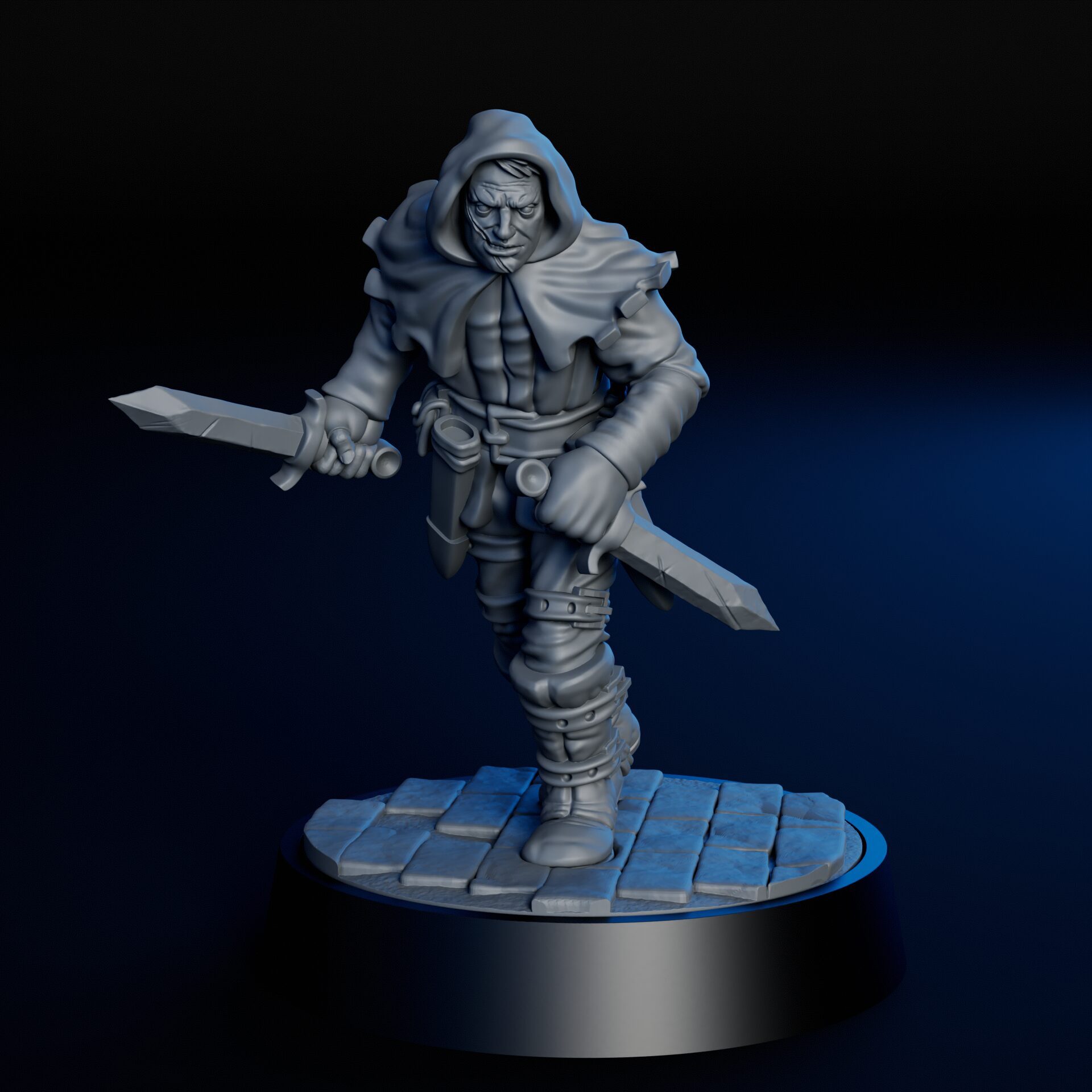 Front of high-detailed 35mm rogue bandit RPG fine art miniature for collectors, sculpted by Alex Oliver for Fantastic Art Studios.