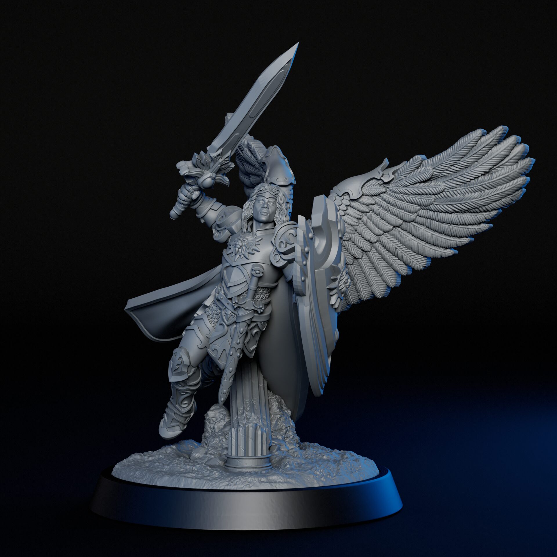 Front of high-detailed 35mm solar angel RPG fine art miniature for collectors, sculpted by Alex Oliver for Fantastic Art Studios.