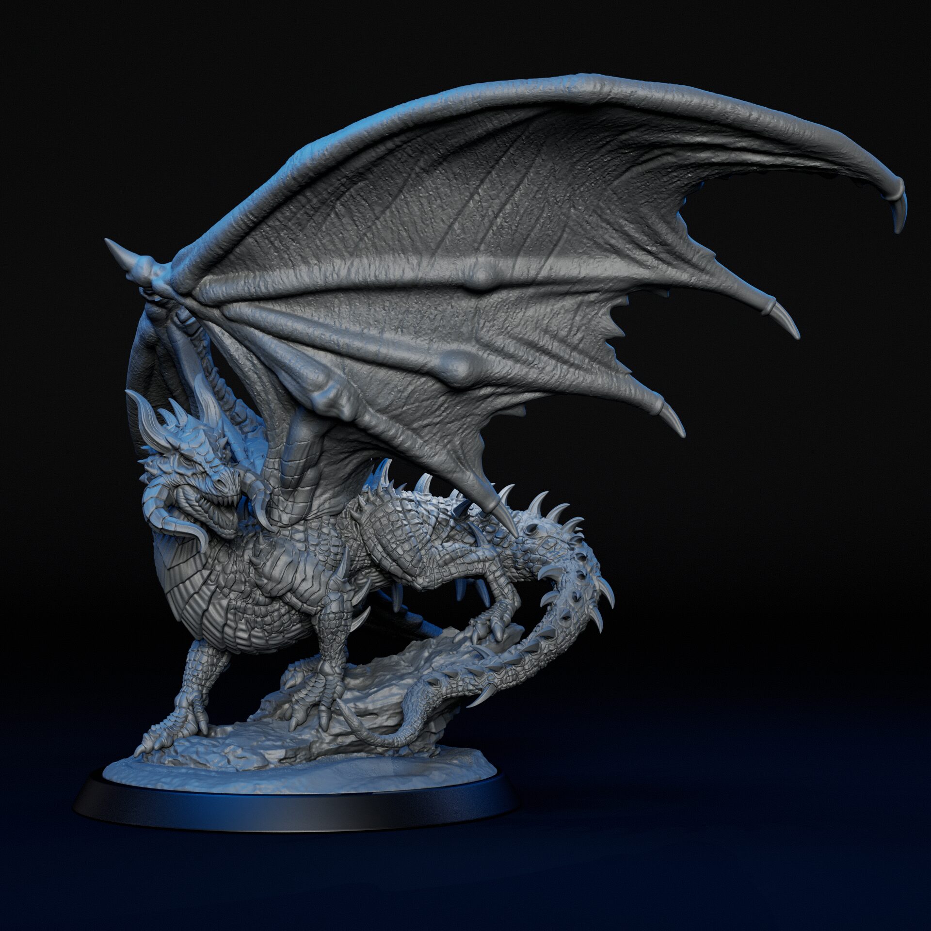 Front angled of High-detailed ancient black dragon RPG fine art miniature for collectors, sculpted by Alex Oliver for Fantastic Art Studios.