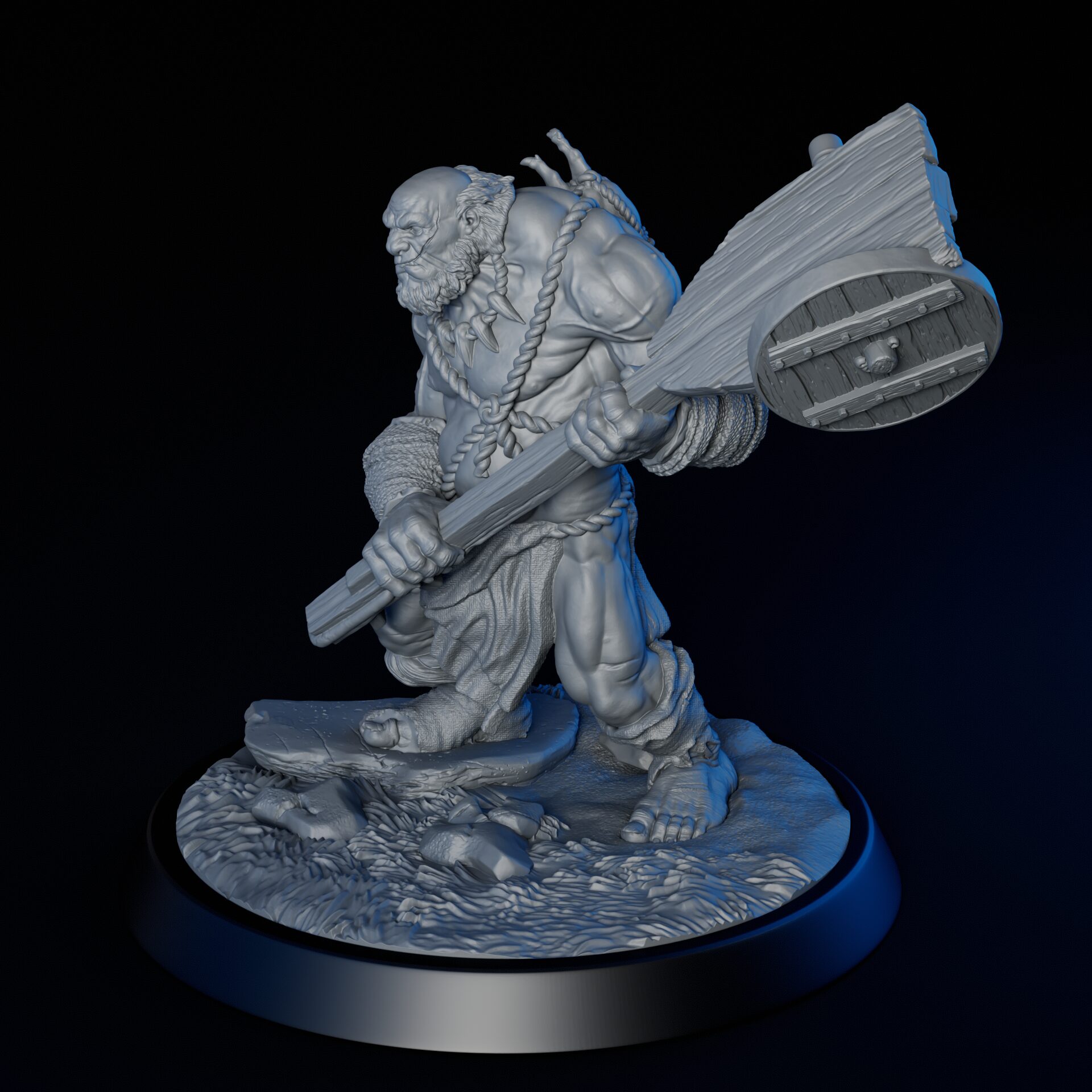 Left side of High-detailed 35mm hill giant RPG fine art miniature for collectors, sculpted by Alex Oliver for Fantastic Art Studios.