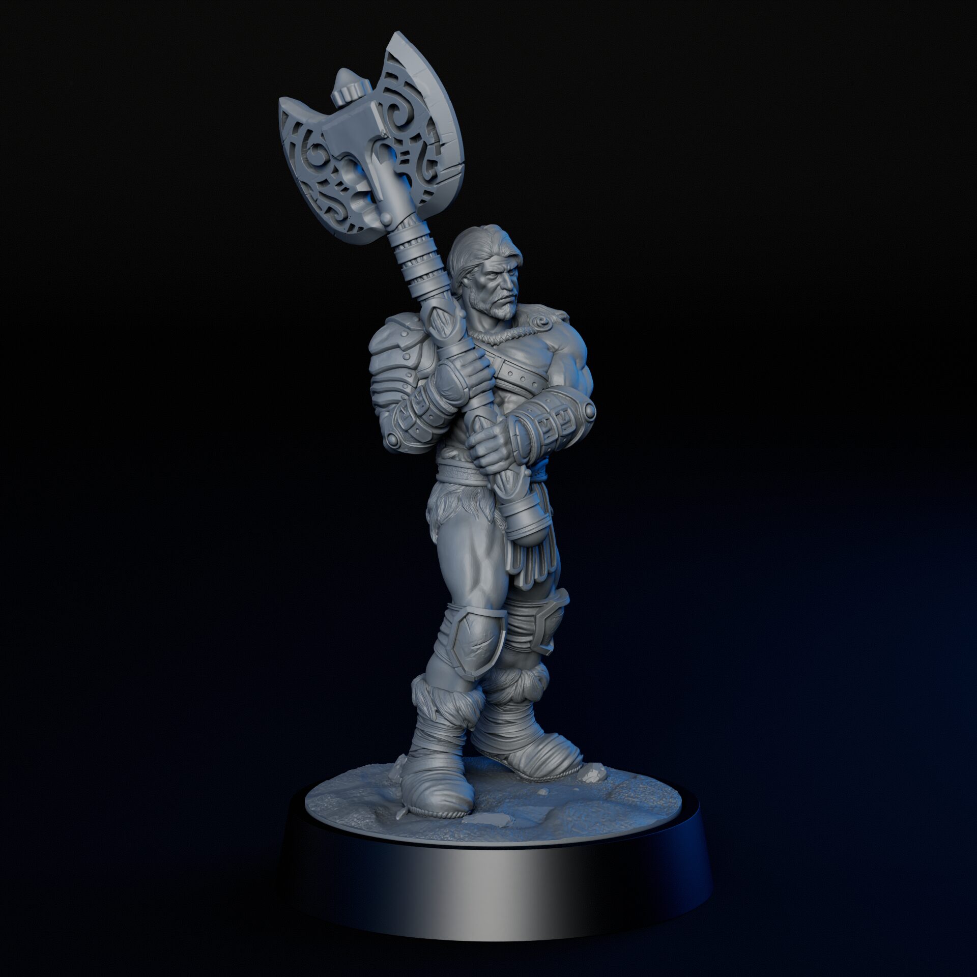 Right angle of 35mm male human barbarian RPG fine art miniature for collectors, sculpted by Alex Oliver for Fantastic Art Studios.