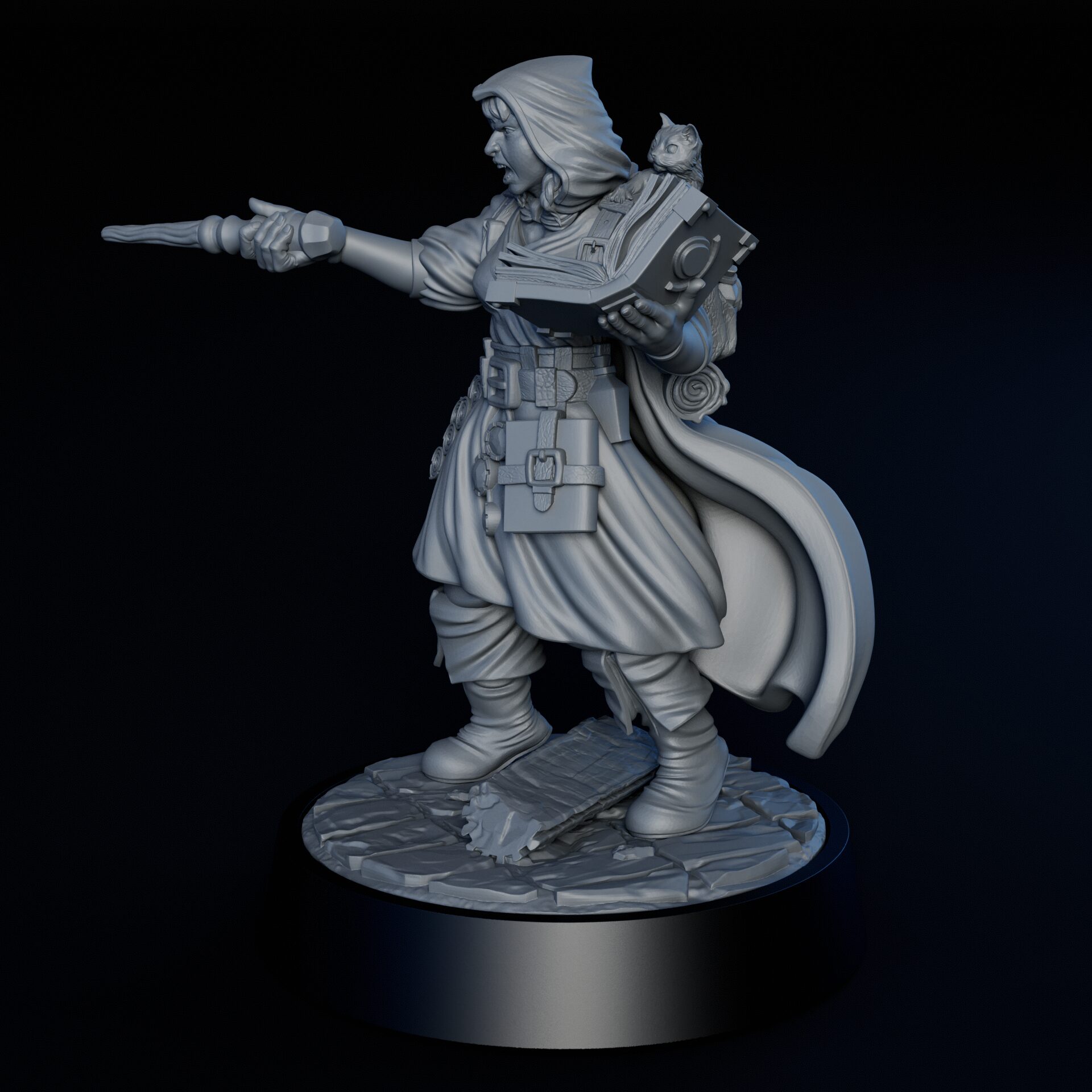 Left side of 35mm female human mage RPG fine art miniature for collectors, sculpted by Alex Oliver for Fantastic Art Studios.