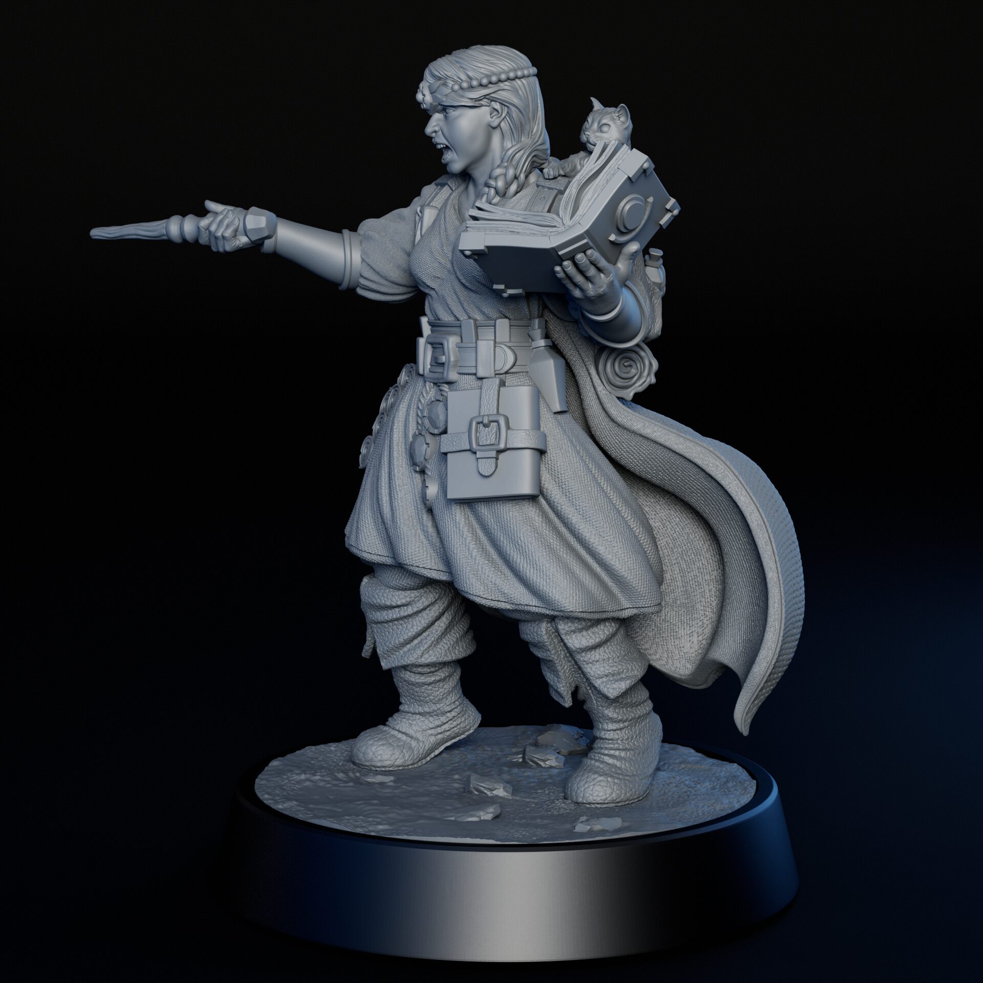 Left side of 75mm female human mage RPG fine art statue for collectors, sculpted by Alex Oliver for Fantastic Art Studios.