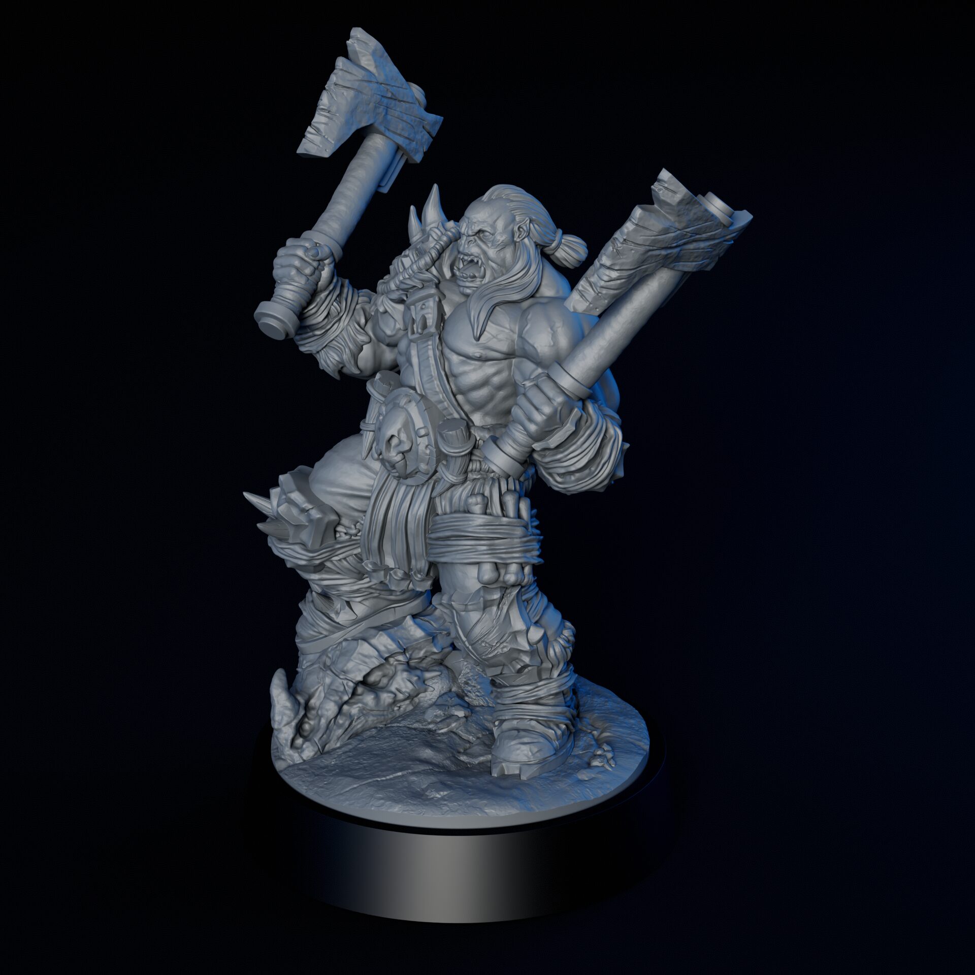 Left side of high-detailed 35mm orc berserker RPG fine art miniature for collectors, sculpted by Alex Oliver for Fantastic Art Studios.