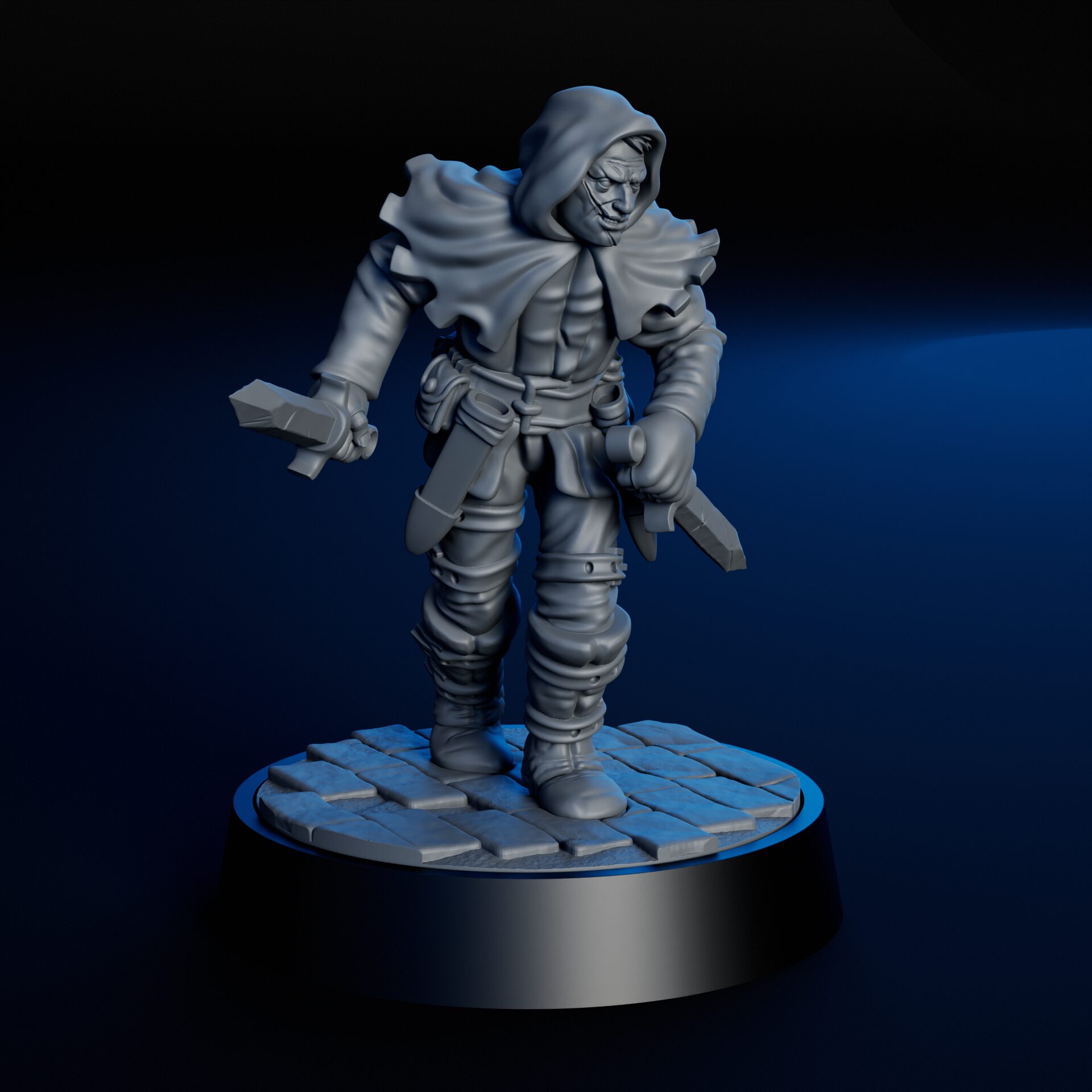 Right side of high-detailed 35mm rogue bandit RPG fine art miniature for collectors, sculpted by Alex Oliver for Fantastic Art Studios.