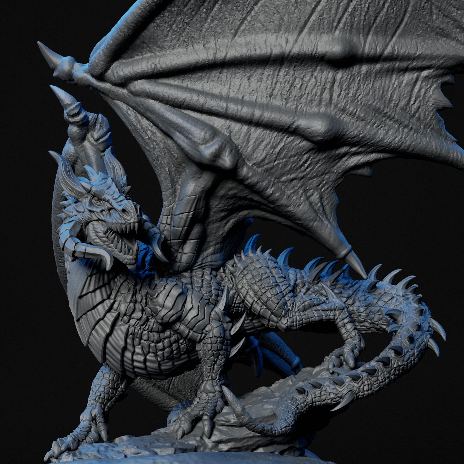 Scales of High-detailed ancient black dragon RPG fine art miniature for collectors, sculpted by Alex Oliver for Fantastic Art Studios.