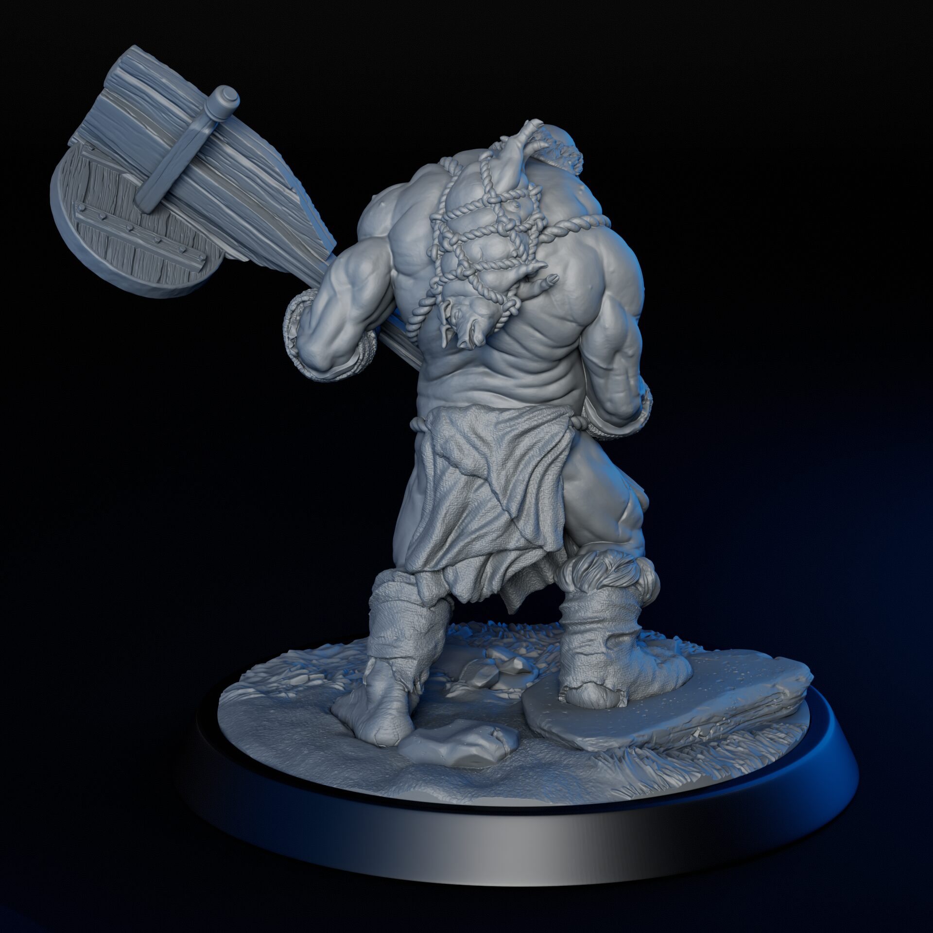 Back of High-detailed 35mm hill giant RPG fine art miniature for collectors, sculpted by Alex Oliver for Fantastic Art Studios.