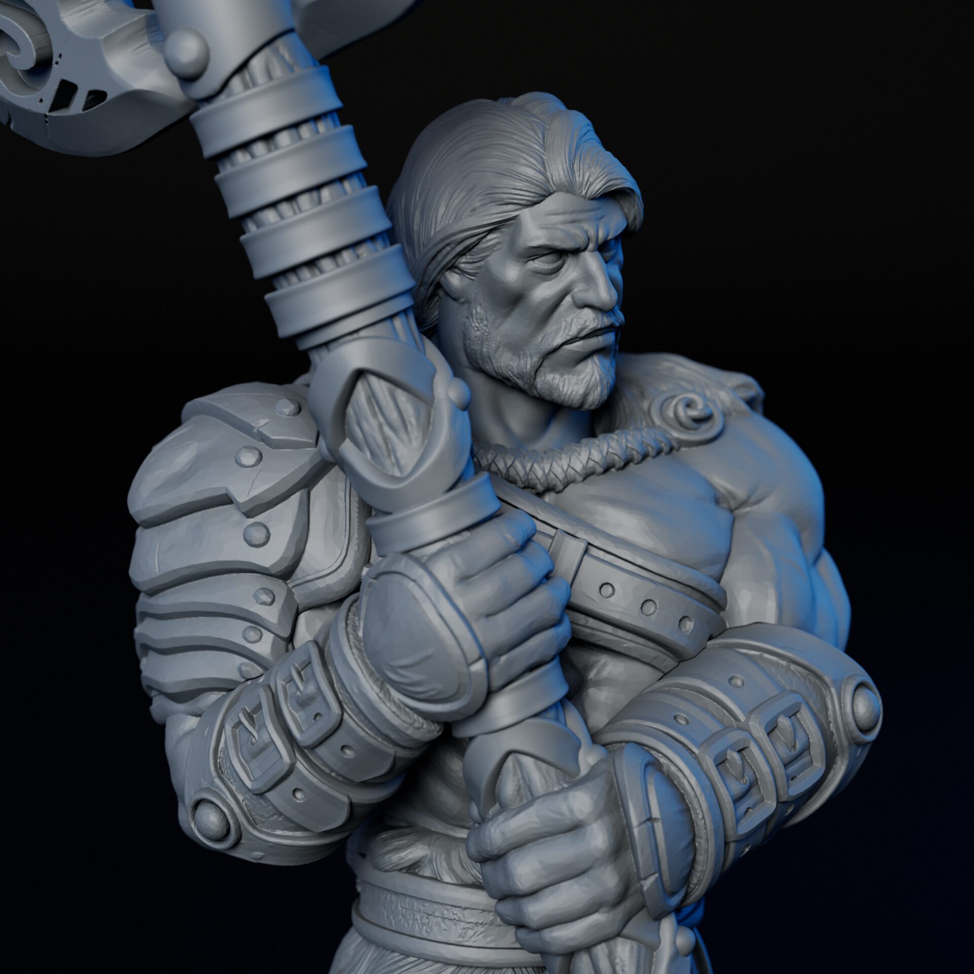Right side closeup of 35mm male human barbarian RPG fine art miniature for collectors, sculpted by Alex Oliver for Fantastic Art Studios.