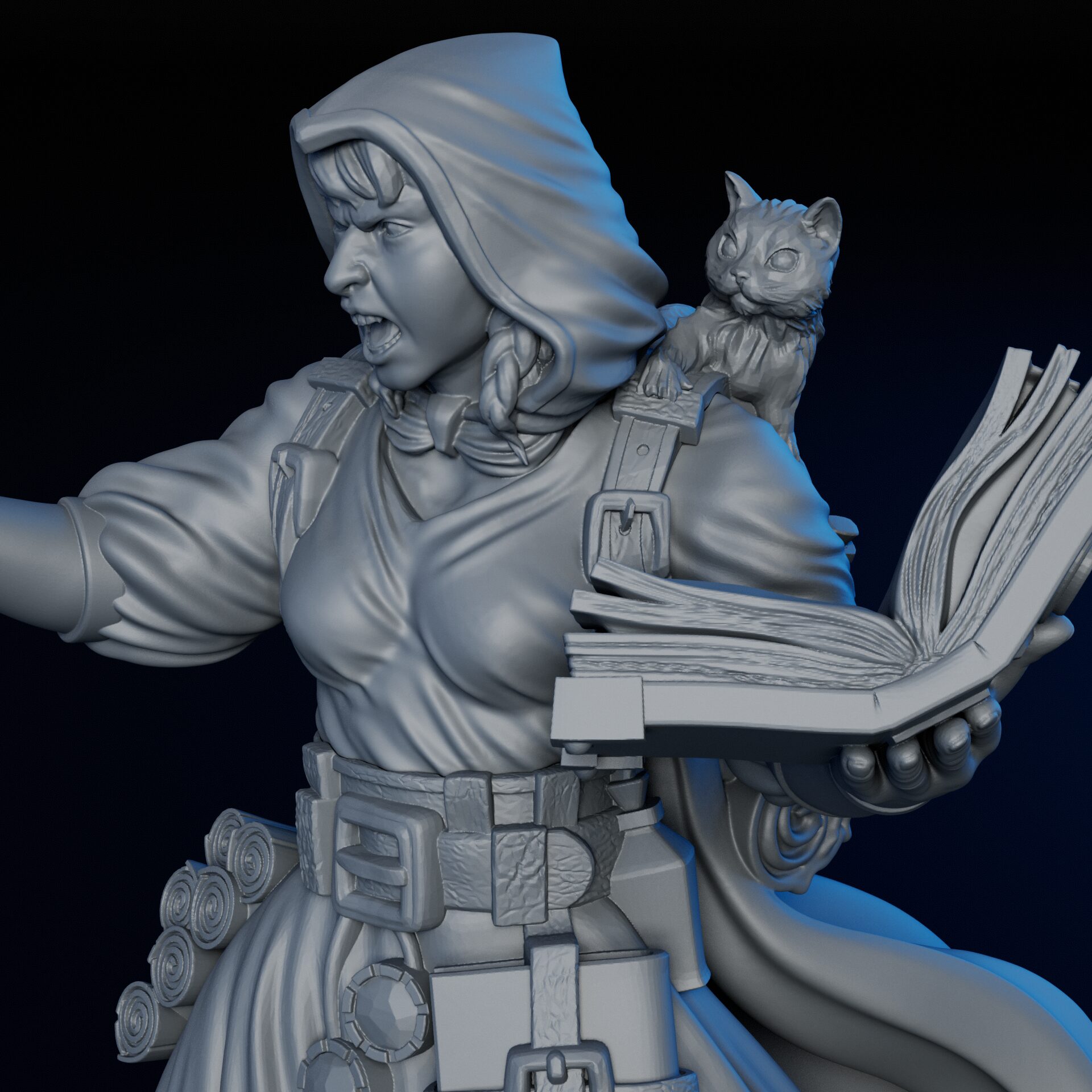 Cat of 35mm female human mage RPG fine art miniature for collectors, sculpted by Alex Oliver for Fantastic Art Studios.