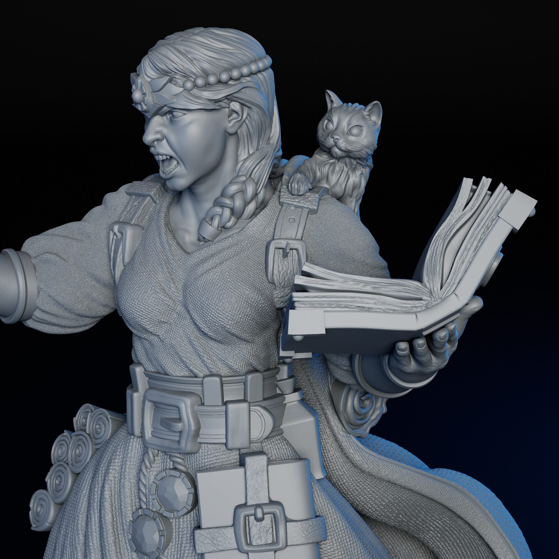 Cat of 75mm female human mage RPG fine art statue for collectors, sculpted by Alex Oliver for Fantastic Art Studios.