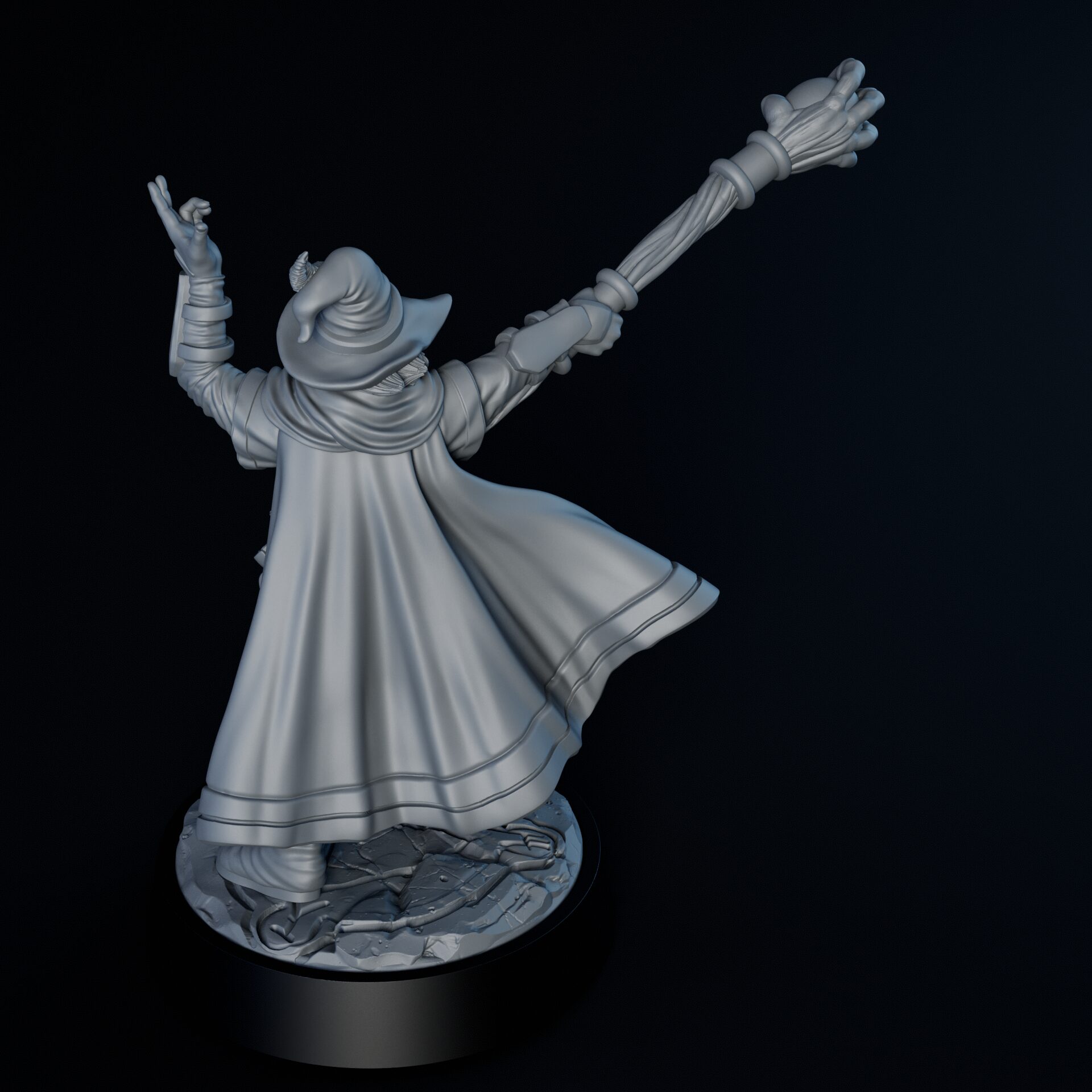 Back of 35mm male human mage RPG fine art miniature for collectors, sculpted by Alex Oliver for Fantastic Art Studios.