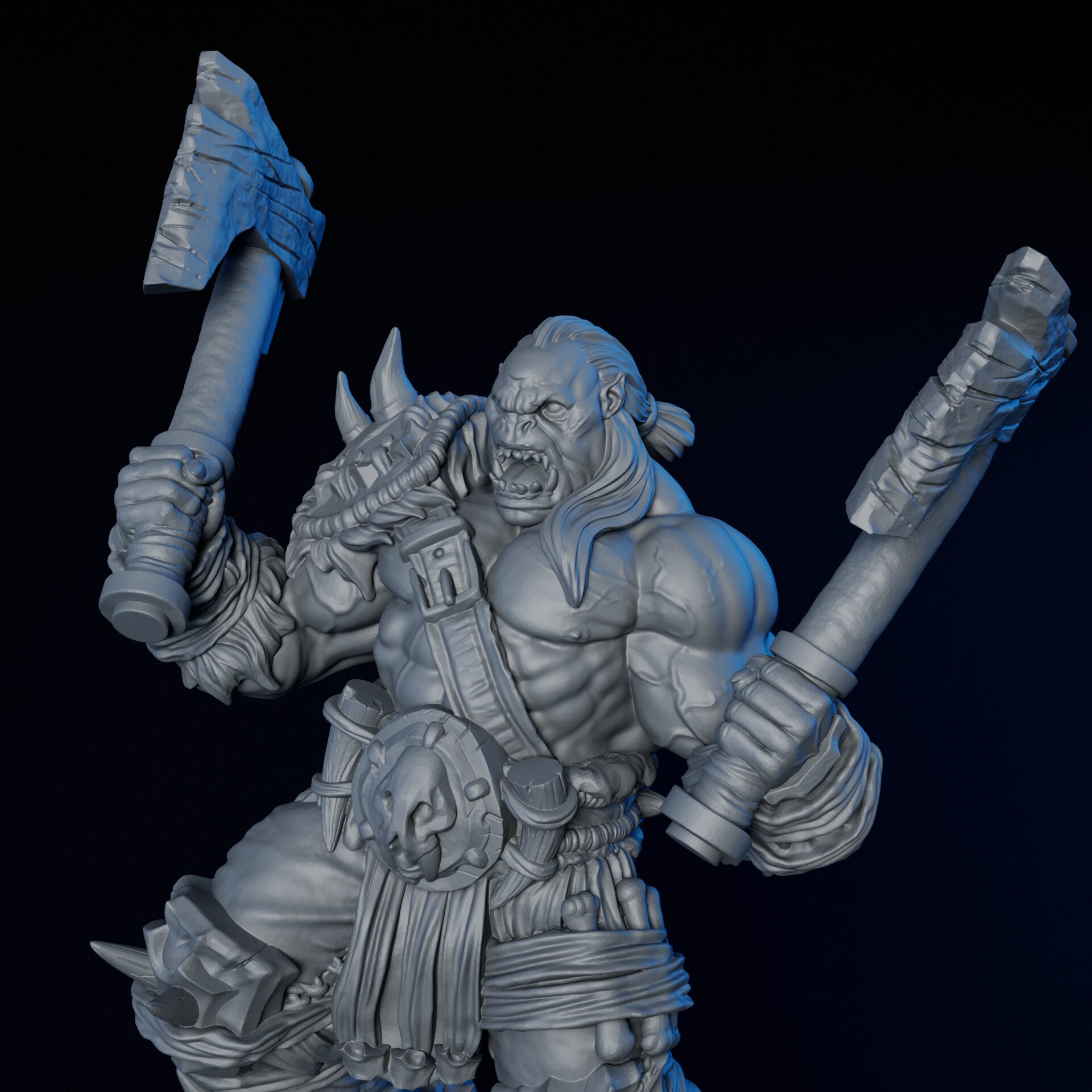 Weapon of high-detailed 35mm orc berserker RPG fine art miniature for collectors, sculpted by Alex Oliver for Fantastic Art Studios.