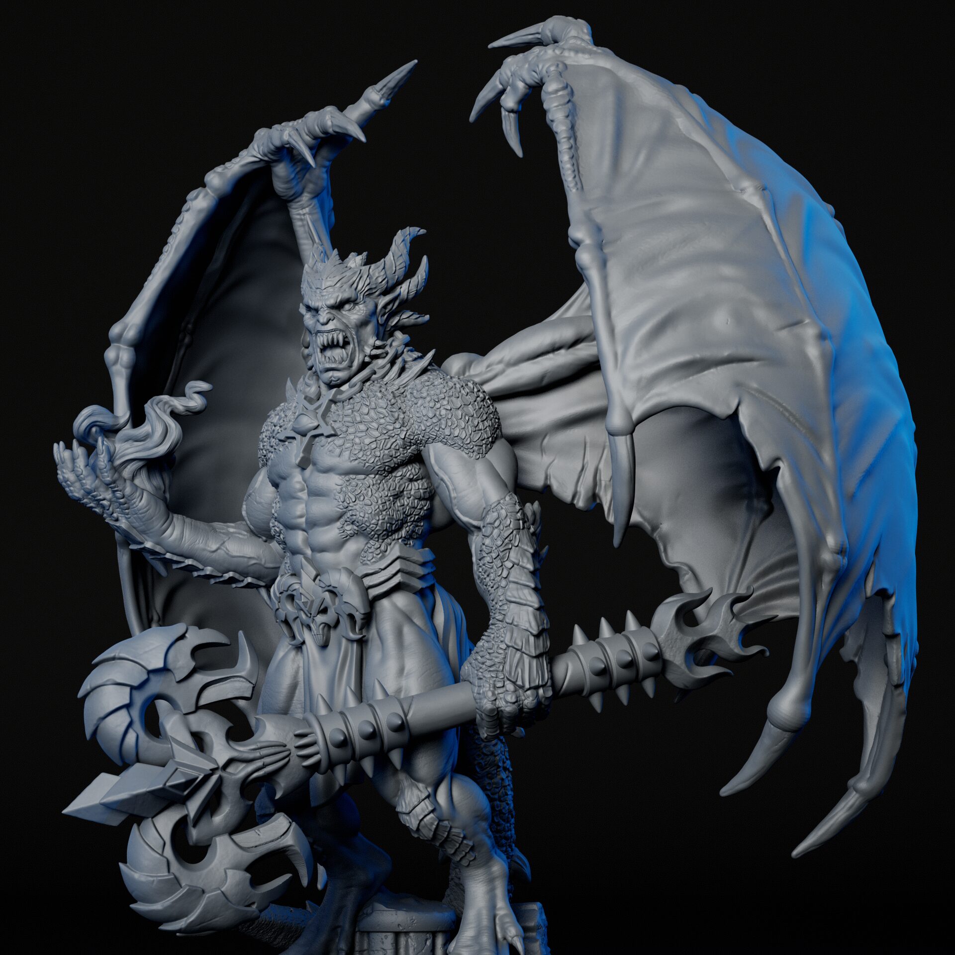 Right angle of high-detailed 35mm pit fiend RPG fine art miniature for collectors, sculpted by Alex Oliver for Fantastic Art Studios.