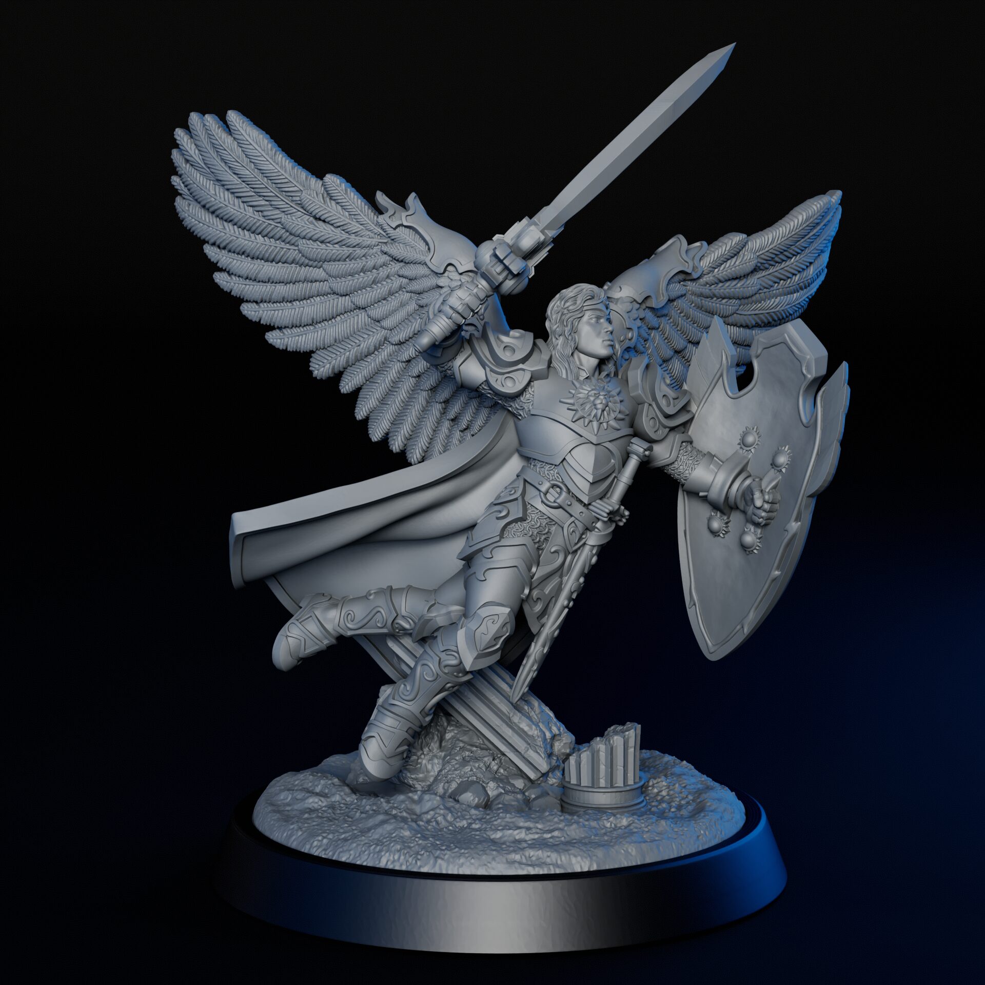 Right side of high-detailed 35mm solar angel RPG fine art miniature for collectors, sculpted by Alex Oliver for Fantastic Art Studios.