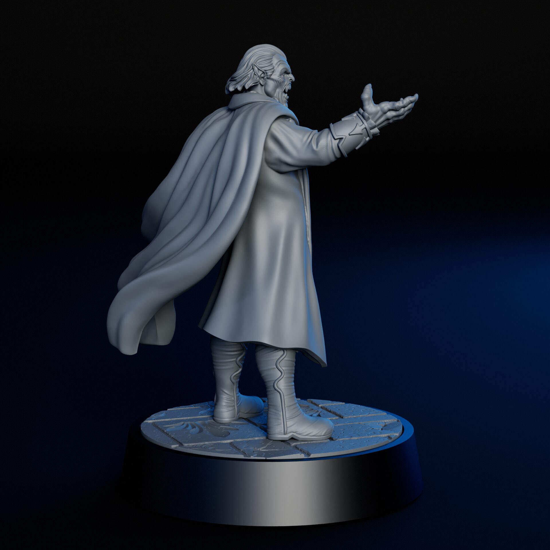 Right side of High-detailed 35mm ancient vampire RPG fine art miniature for collectors, sculpted by Alex Oliver for Fantastic Art Studios.