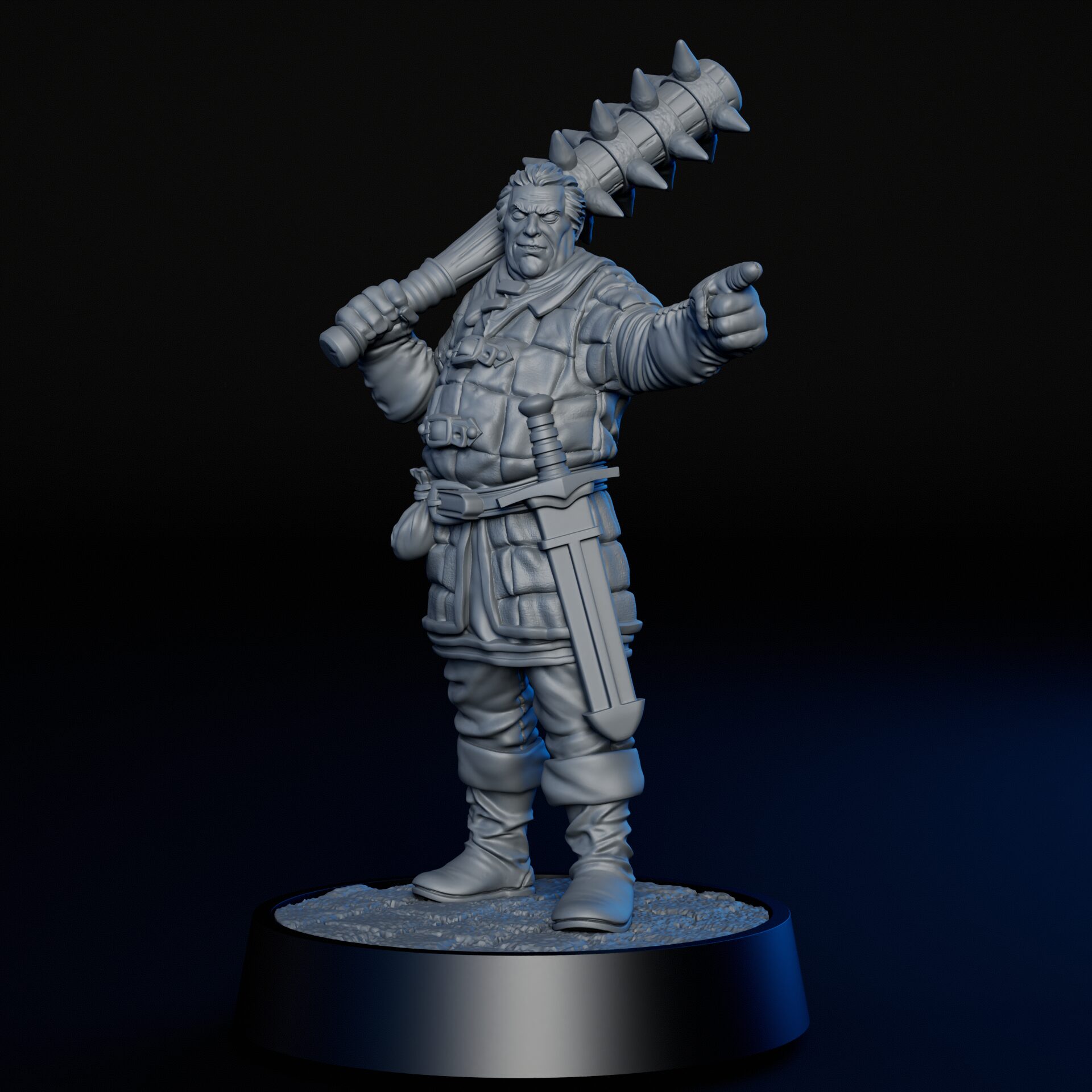 Front details of High-detailed 35mm bandit enforcer RPG fine art miniature for collectors, sculpted by Alex Oliver for Fantastic Art Studios.