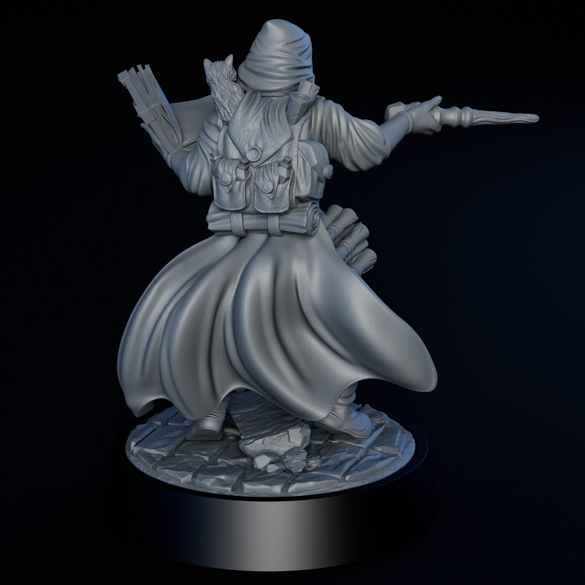 Back of 35mm female human mage RPG fine art miniature for collectors, sculpted by Alex Oliver for Fantastic Art Studios.