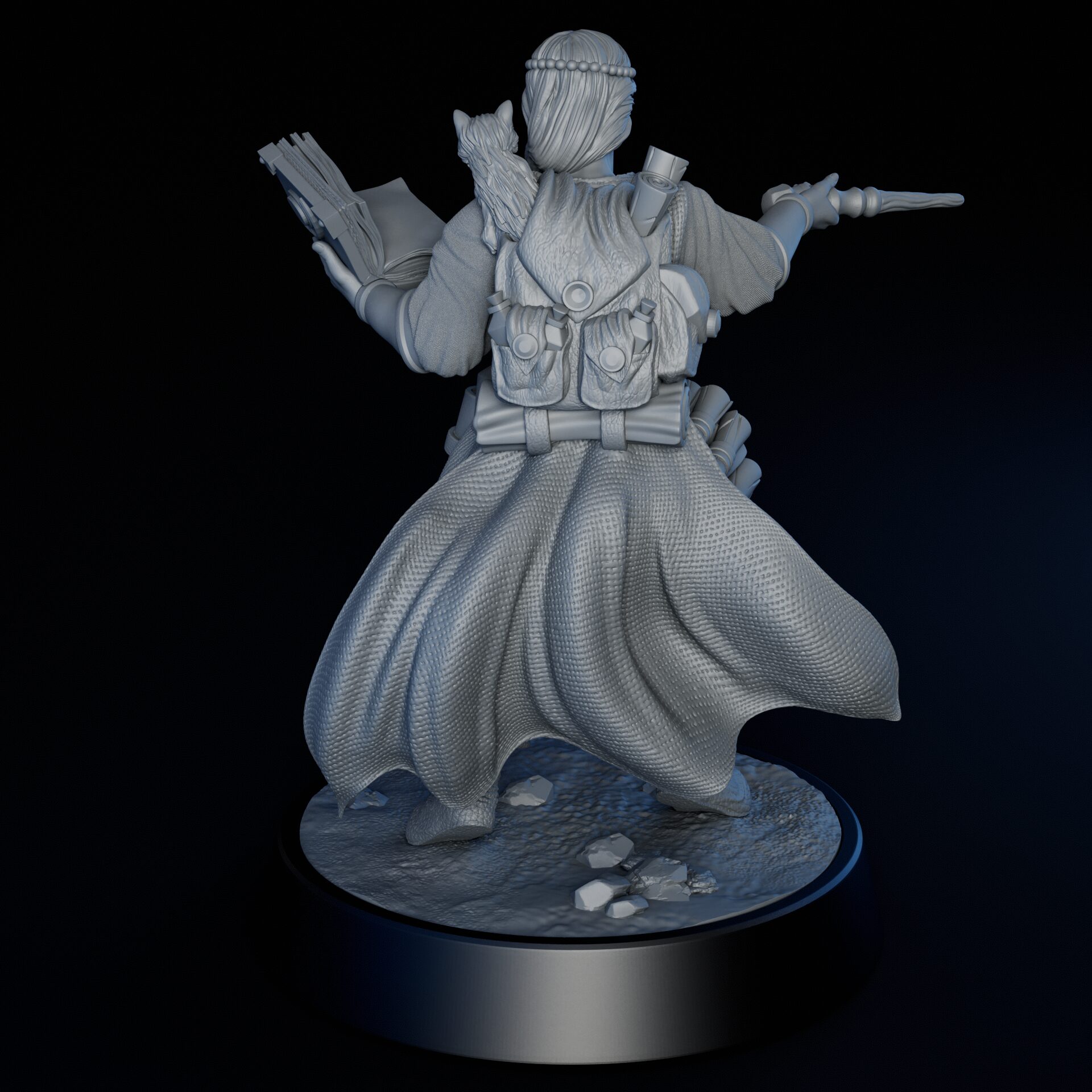 Back of 75mm female human mage RPG fine art statue for collectors, sculpted by Alex Oliver for Fantastic Art Studios.