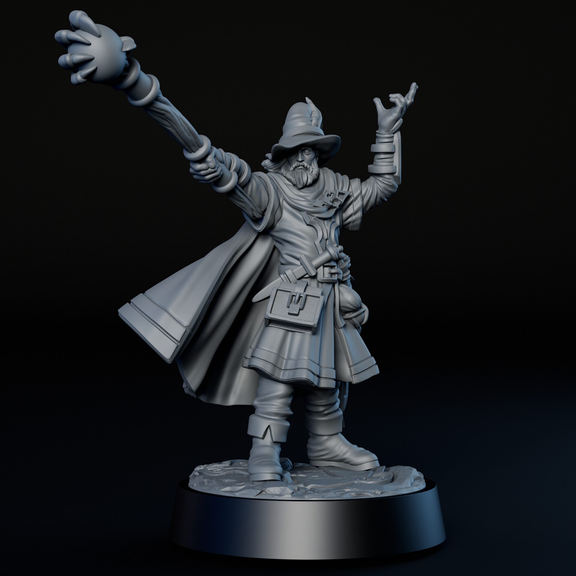 Front details of 35mm male human mage RPG fine art miniature for collectors, sculpted by Alex Oliver for Fantastic Art Studios.