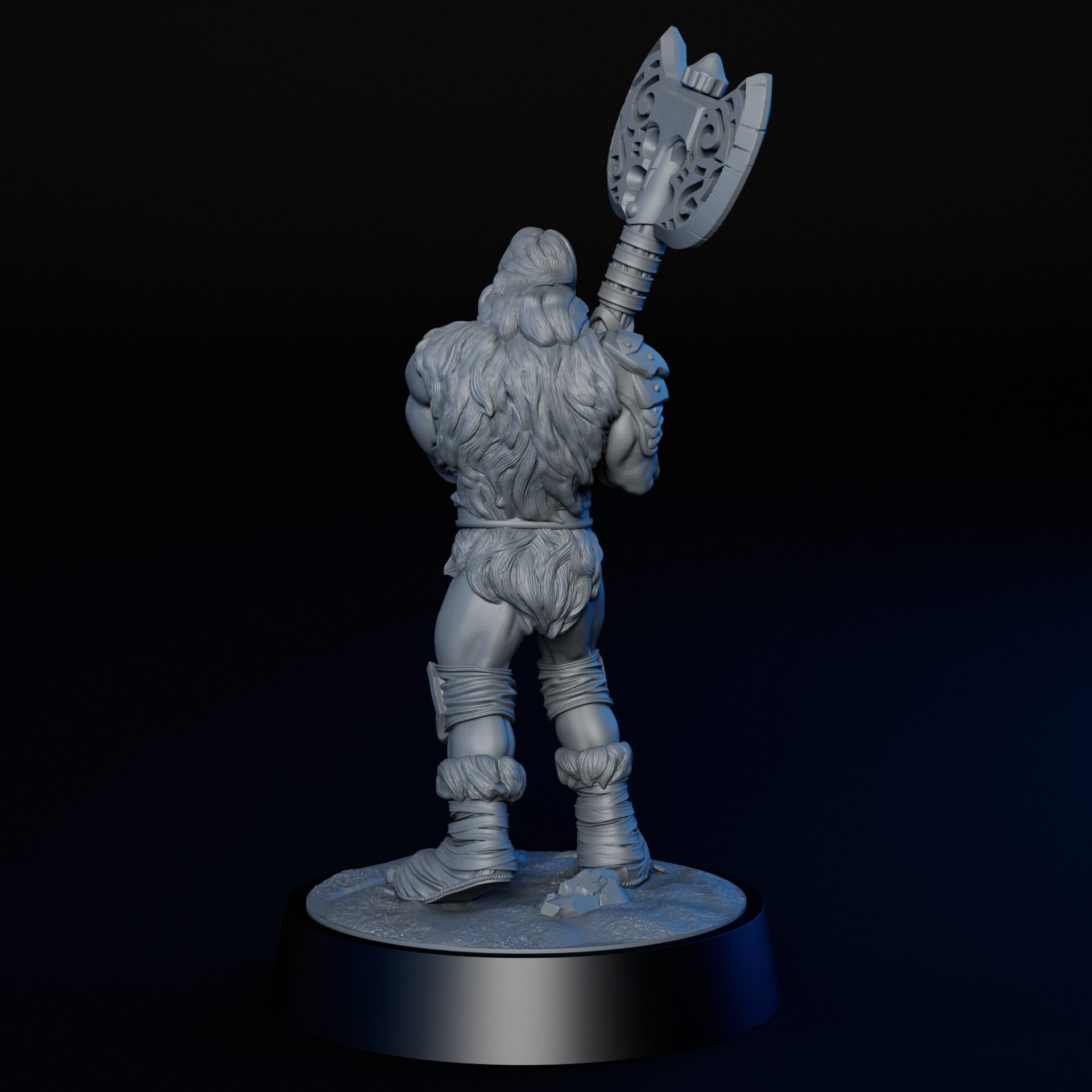 Back of 35mm male human barbarian RPG fine art miniature for collectors, sculpted by Alex Oliver for Fantastic Art Studios.