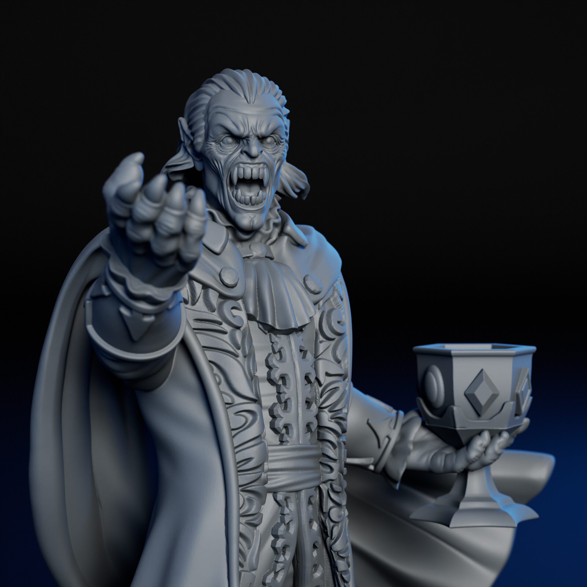 Face of High-detailed 35mm ancient vampire RPG fine art miniature for collectors, sculpted by Alex Oliver for Fantastic Art Studios.