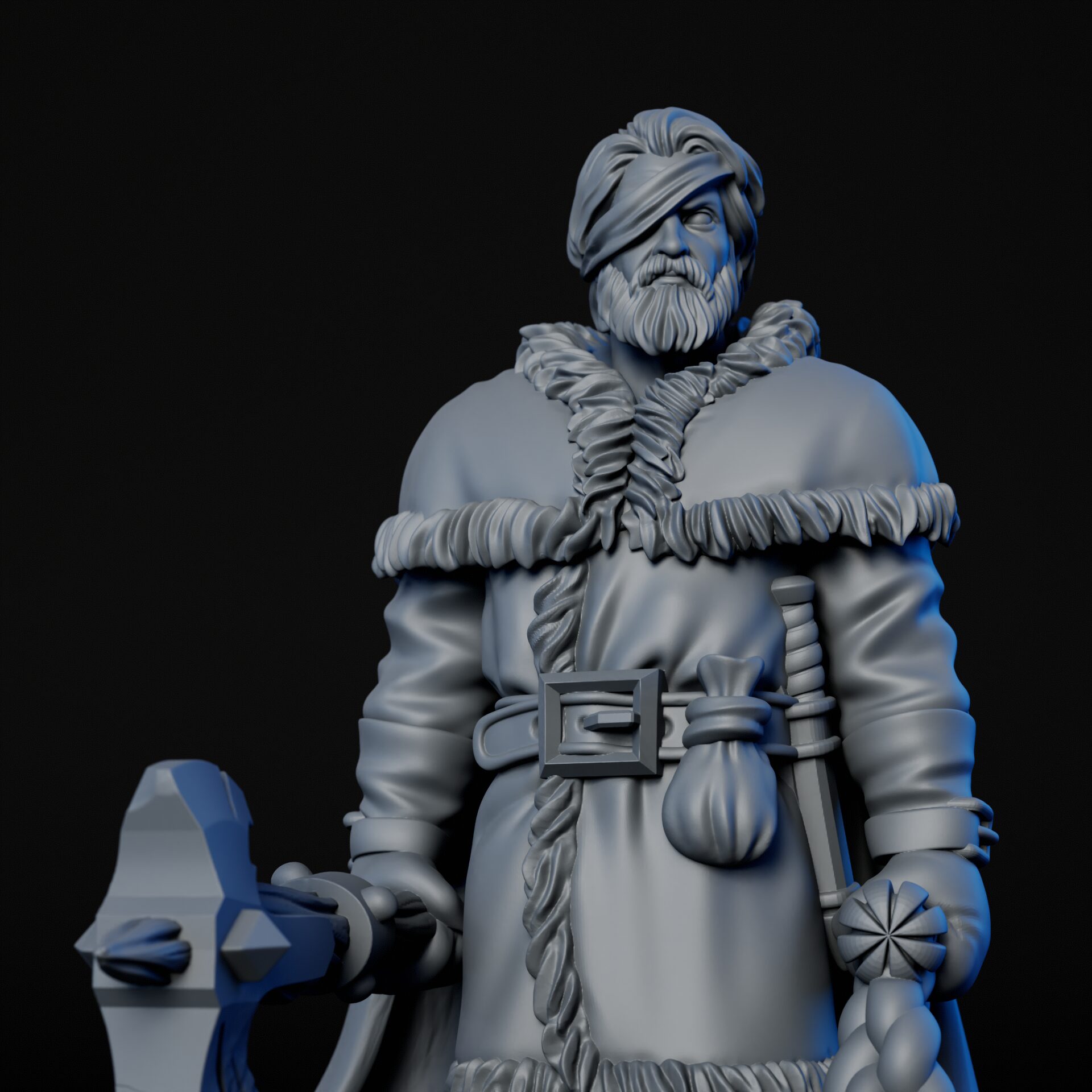 Upper body of High-detailed 35mm bandit leader RPG fine art miniature for collectors, sculpted by Alex Oliver for Fantastic Art Studios.