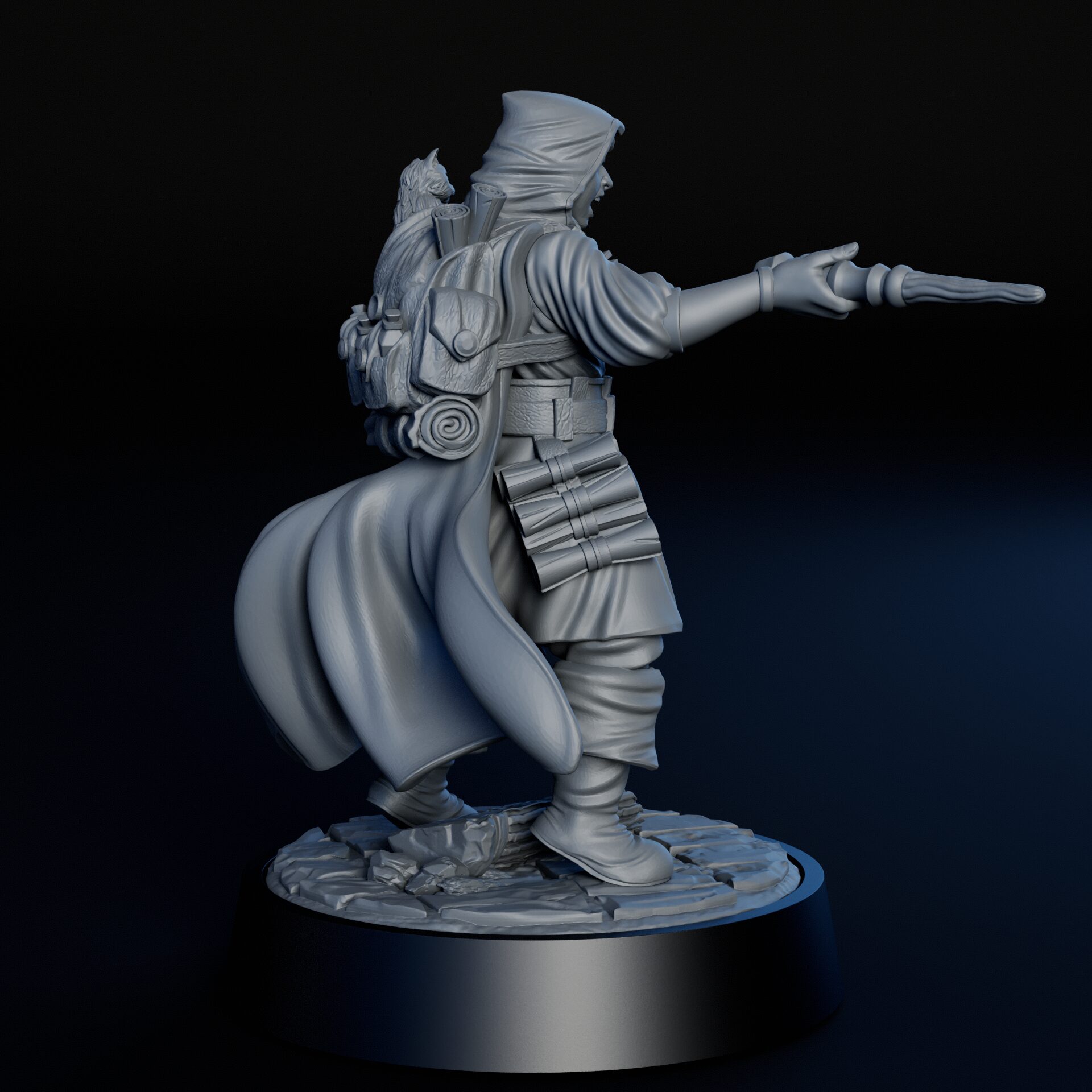 Right side of 35mm female human mage RPG fine art miniature for collectors, sculpted by Alex Oliver for Fantastic Art Studios.