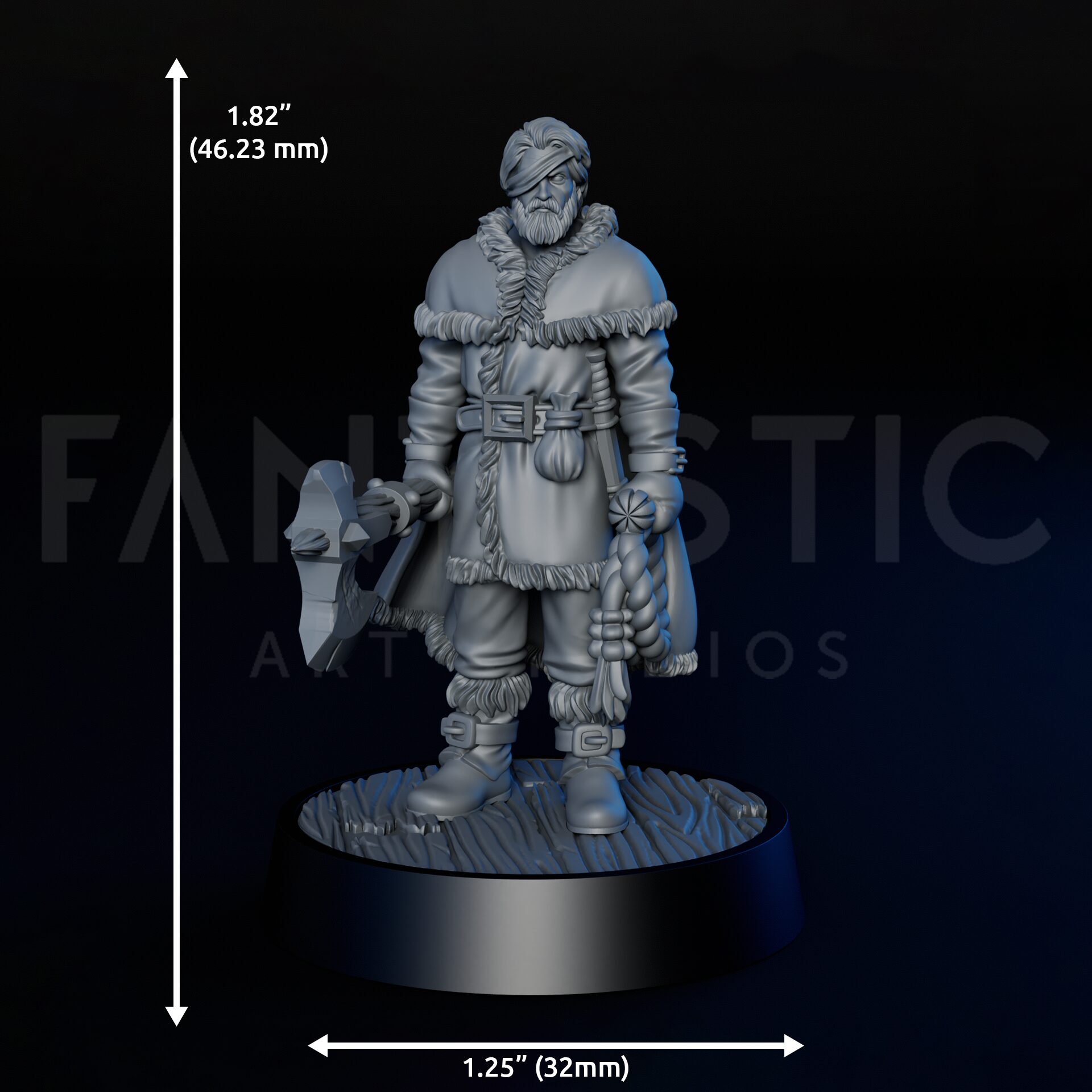 Dimensions of High-detailed 35mm bandit leader RPG fine art miniature for collectors, sculpted by Alex Oliver for Fantastic Art Studios.