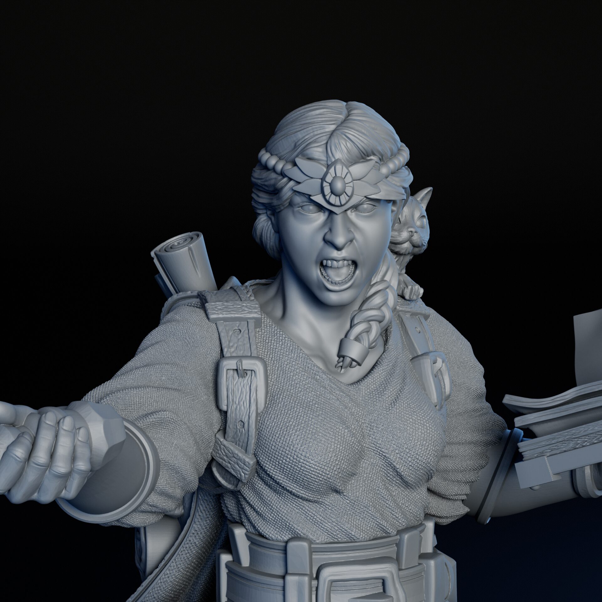 Face of 75mm female human mage RPG fine art statue for collectors, sculpted by Alex Oliver for Fantastic Art Studios.