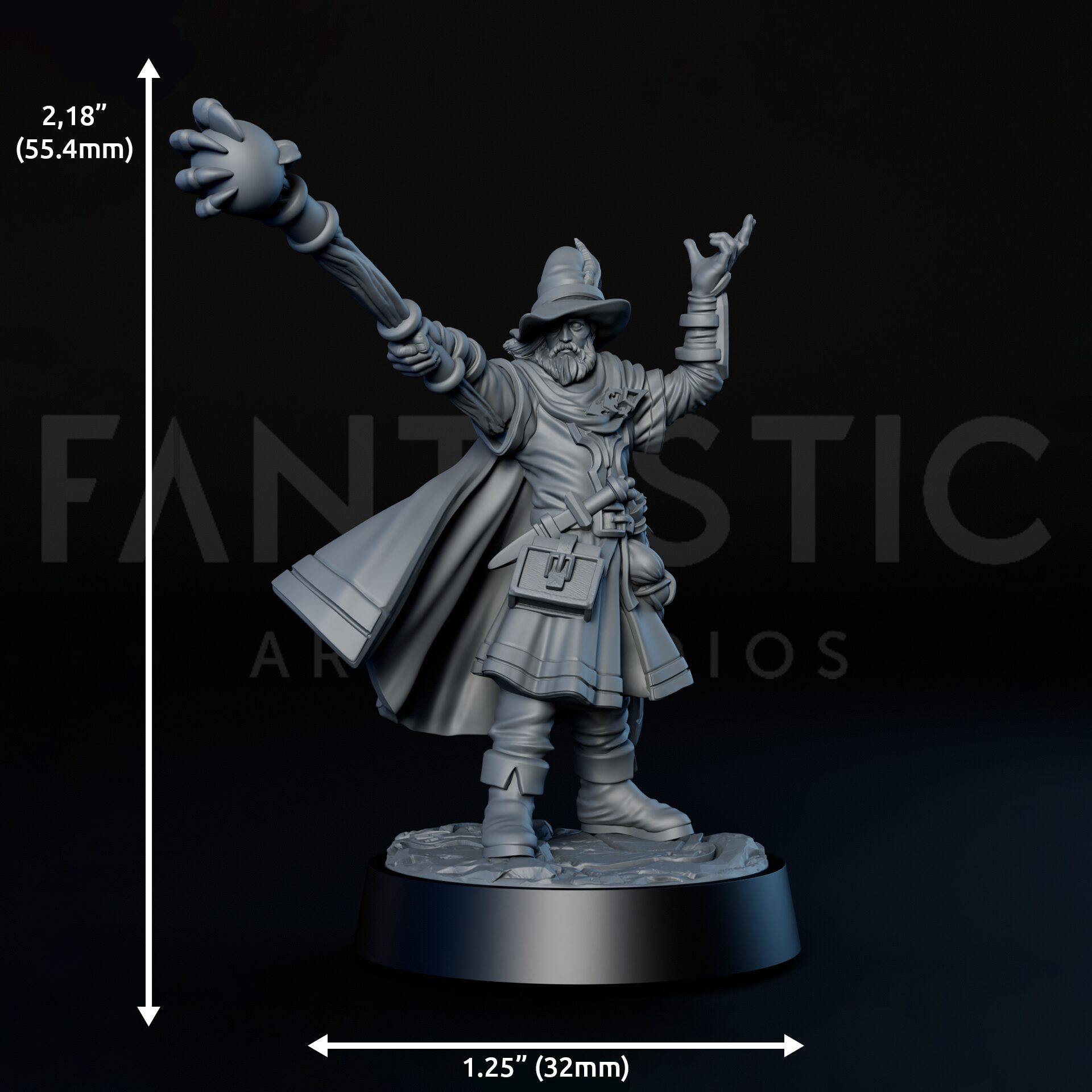 Dimensions of 35mm male human mage RPG fine art miniature for collectors, sculpted by Alex Oliver for Fantastic Art Studios.