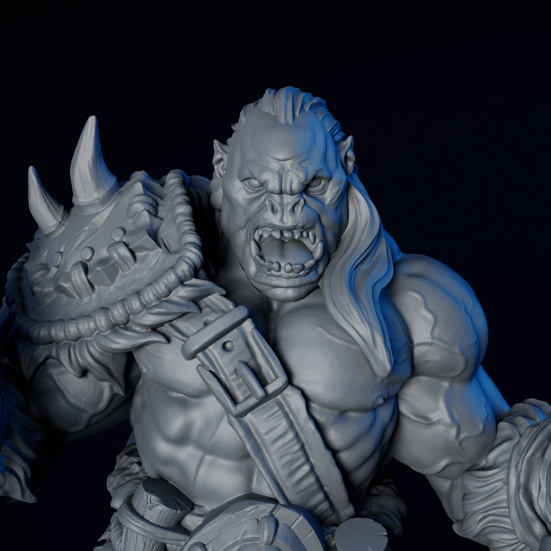 Face of high-detailed 35mm orc berserker RPG fine art miniature for collectors, sculpted by Alex Oliver for Fantastic Art Studios.