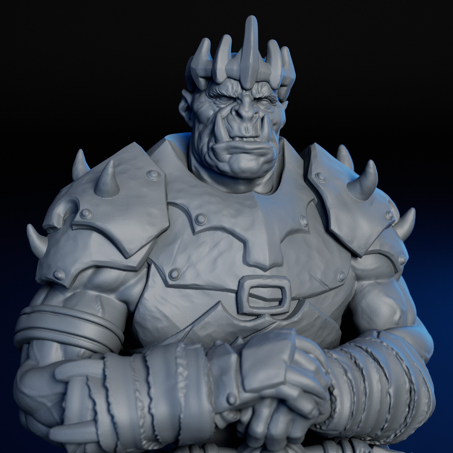 Face of high-detailed 35mm orc king RPG fine art miniature for collectors, sculpted by Alex Oliver for Fantastic Art Studios.