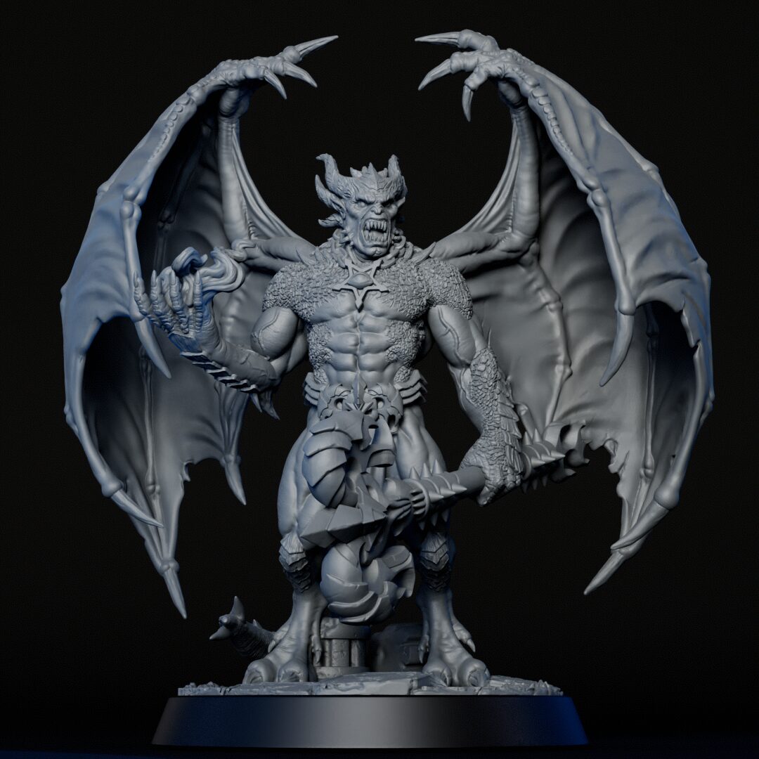 Weapon of high-detailed 35mm pit fiend RPG fine art miniature for collectors, sculpted by Alex Oliver for Fantastic Art Studios.