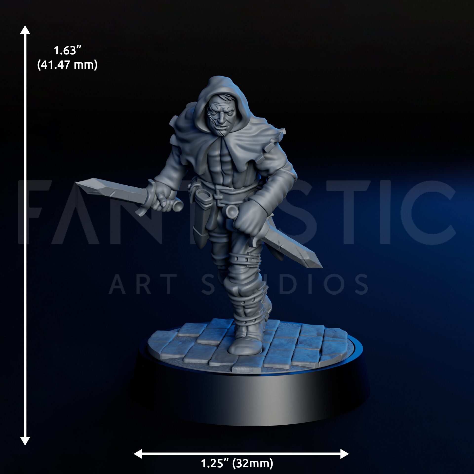 Dimensions of high-detailed 35mm rogue bandit RPG fine art miniature for collectors, sculpted by Alex Oliver for Fantastic Art Studios.