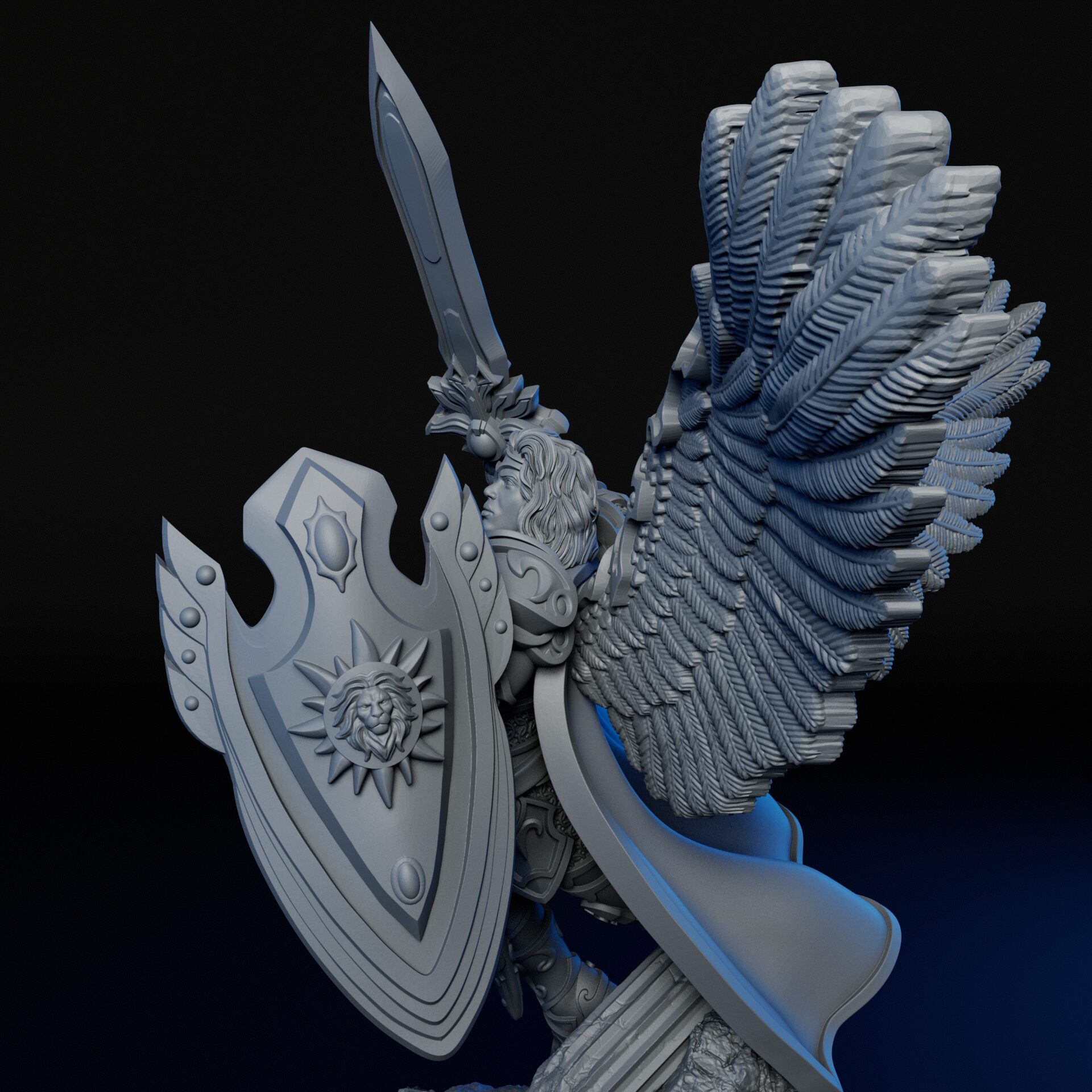 Shield of high-detailed 35mm solar angel RPG fine art miniature for collectors, sculpted by Alex Oliver for Fantastic Art Studios.