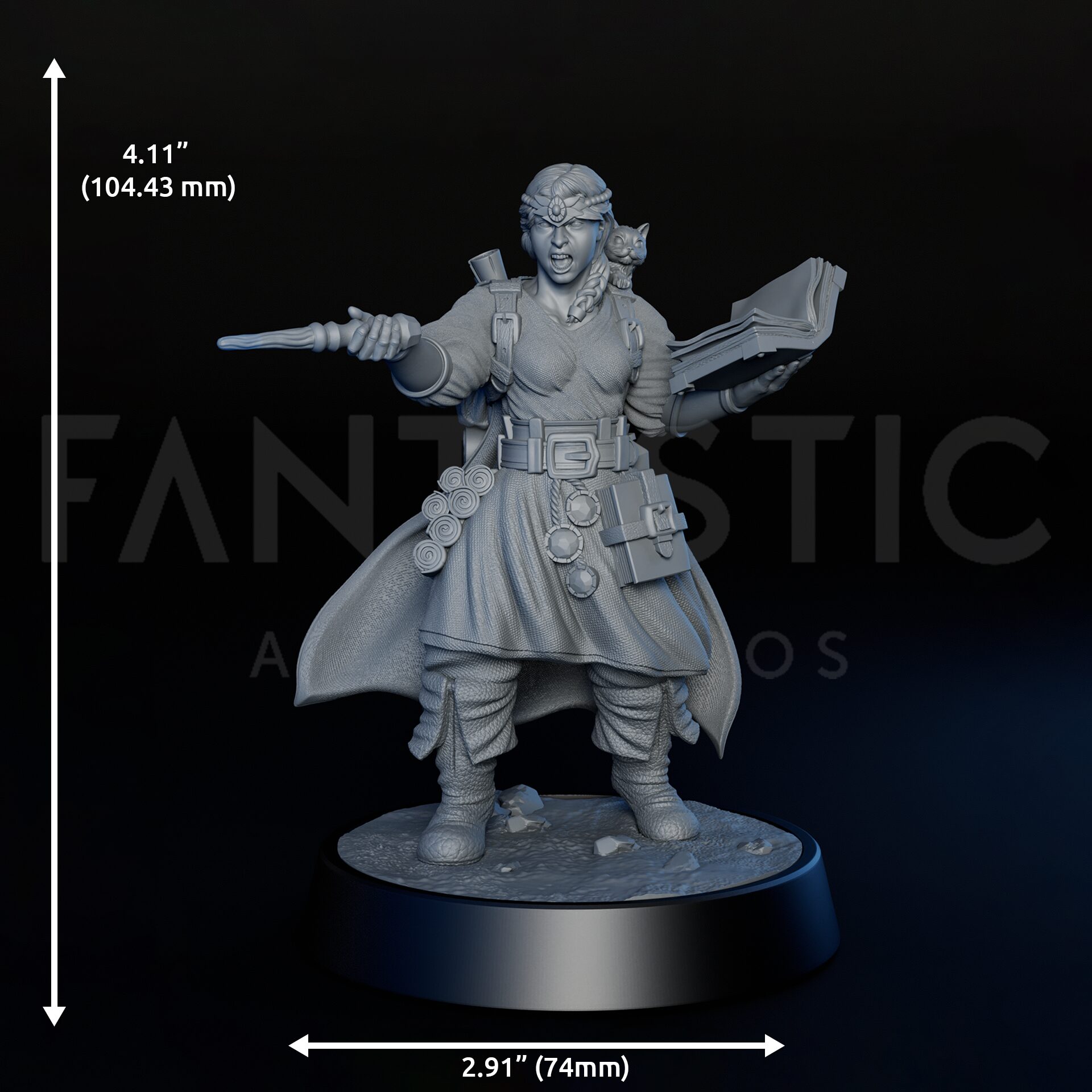 Dimensions of 75mm female human mage RPG fine art statue for collectors, sculpted by Alex Oliver for Fantastic Art Studios.