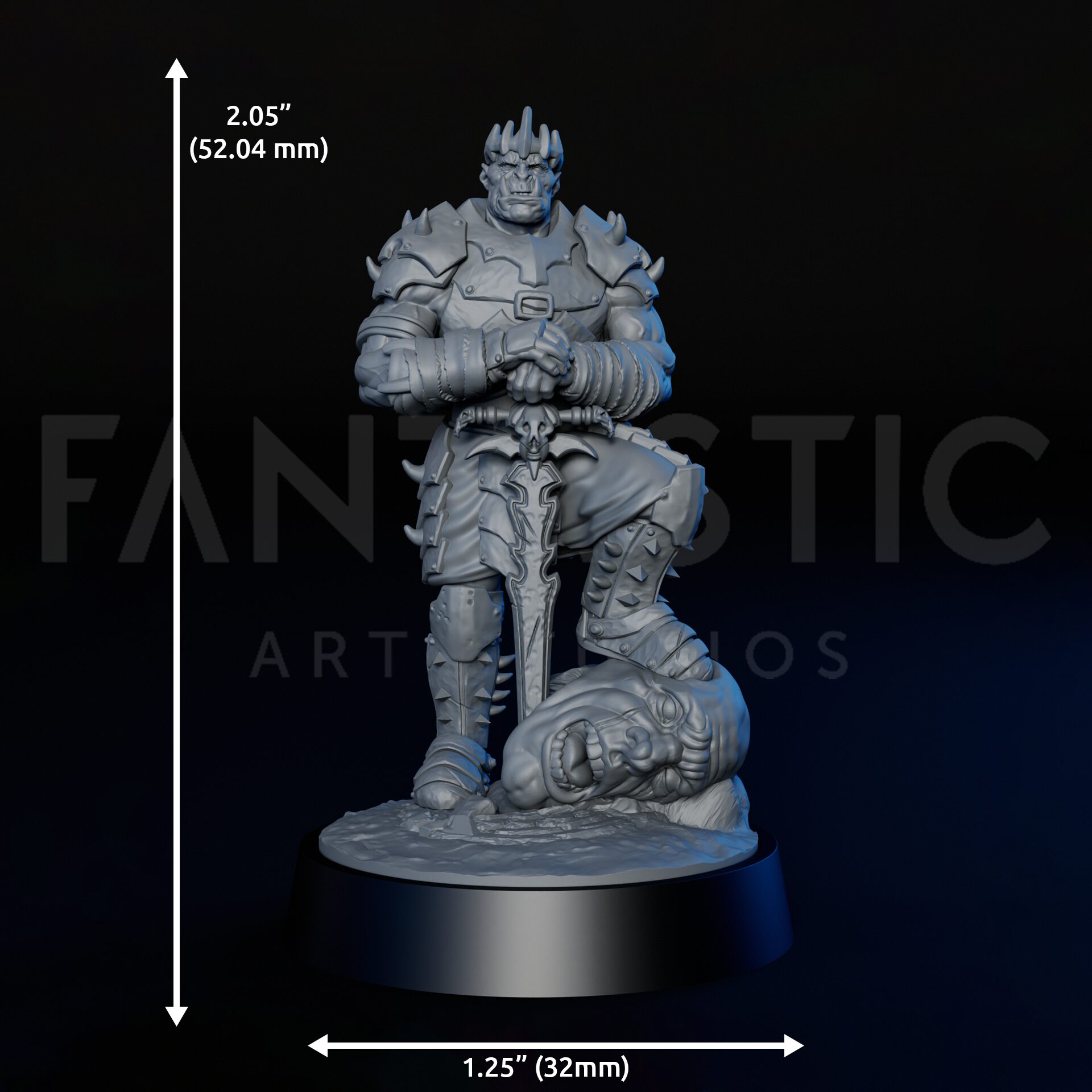 Dimensions of high-detailed 35mm orc king RPG fine art miniature for collectors, sculpted by Alex Oliver for Fantastic Art Studios.