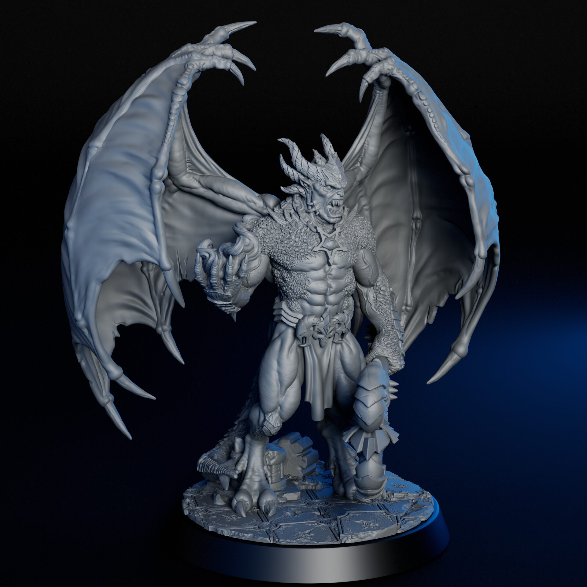 Right side of high-detailed 35mm pit fiend RPG fine art miniature for collectors, sculpted by Alex Oliver for Fantastic Art Studios.