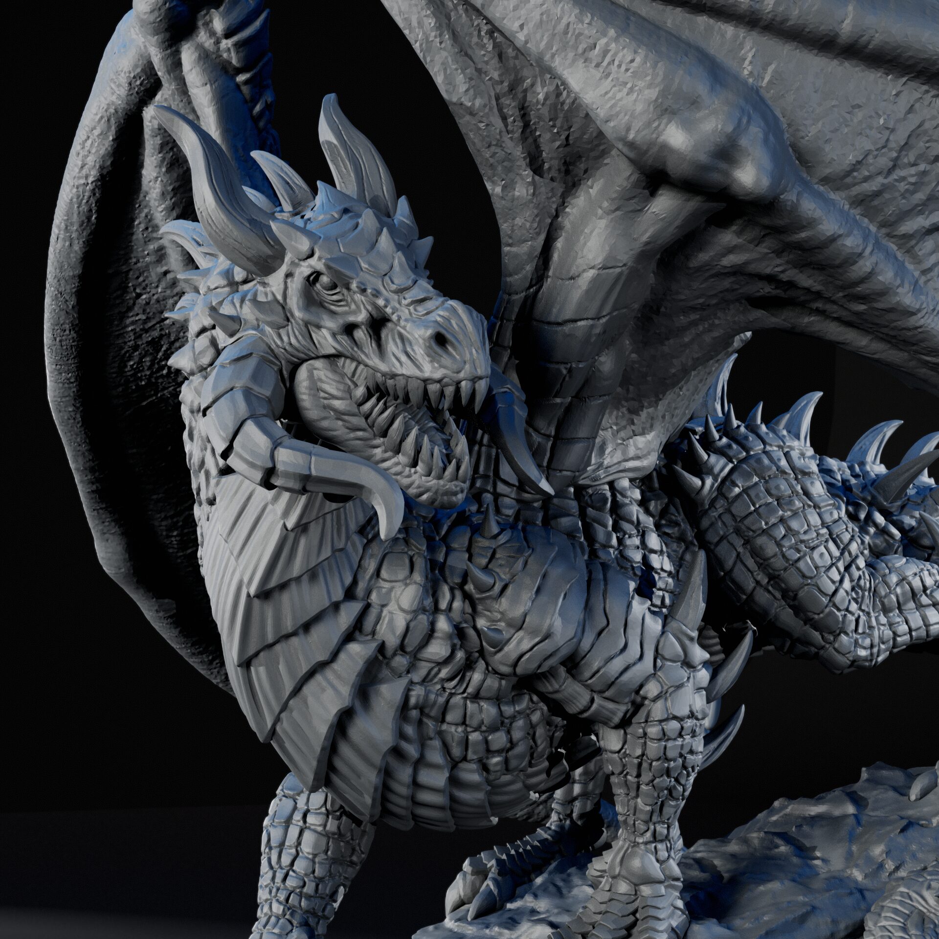 Face of High-detailed ancient black dragon RPG fine art miniature for collectors, sculpted by Alex Oliver for Fantastic Art Studios.