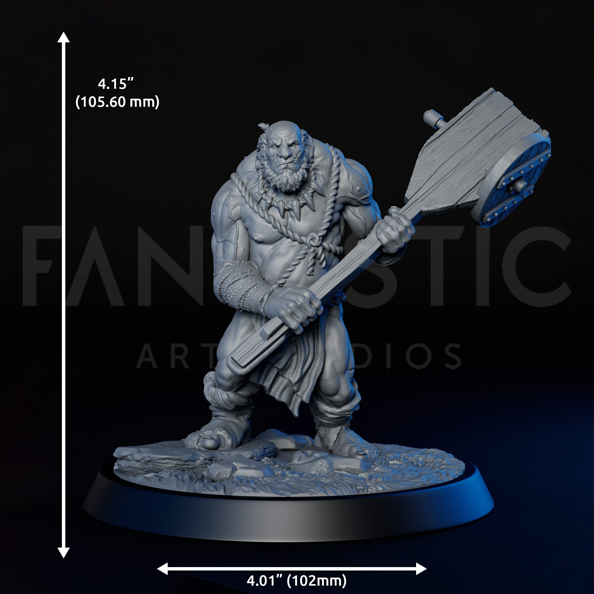 Dimensions of High-detailed 35mm hill giant RPG fine art miniature for collectors, sculpted by Alex Oliver for Fantastic Art Studios.