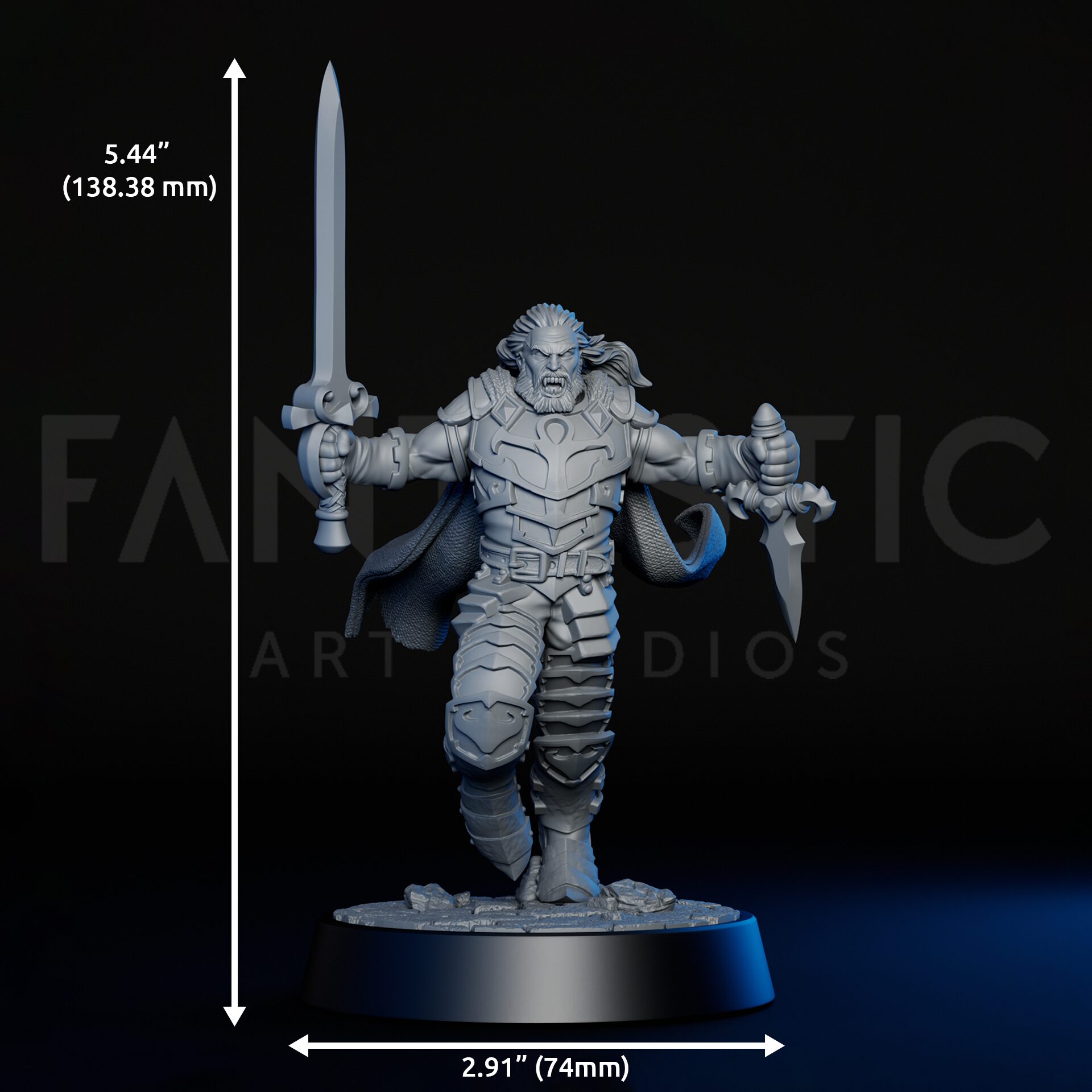 Dimensions of high-detailed 75mm vampire lord RPG fine art statue for collectors, sculpted by Alex Oliver for Fantastic Art Studios.