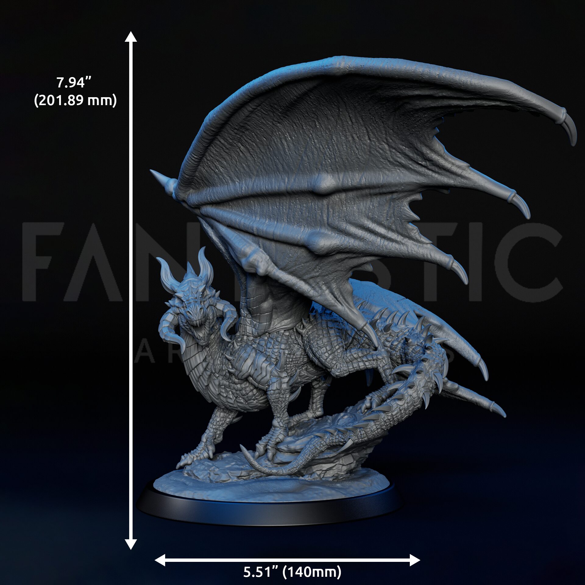 Dimensions of High-detailed ancient black dragon RPG fine art miniature for collectors, sculpted by Alex Oliver for Fantastic Art Studios.