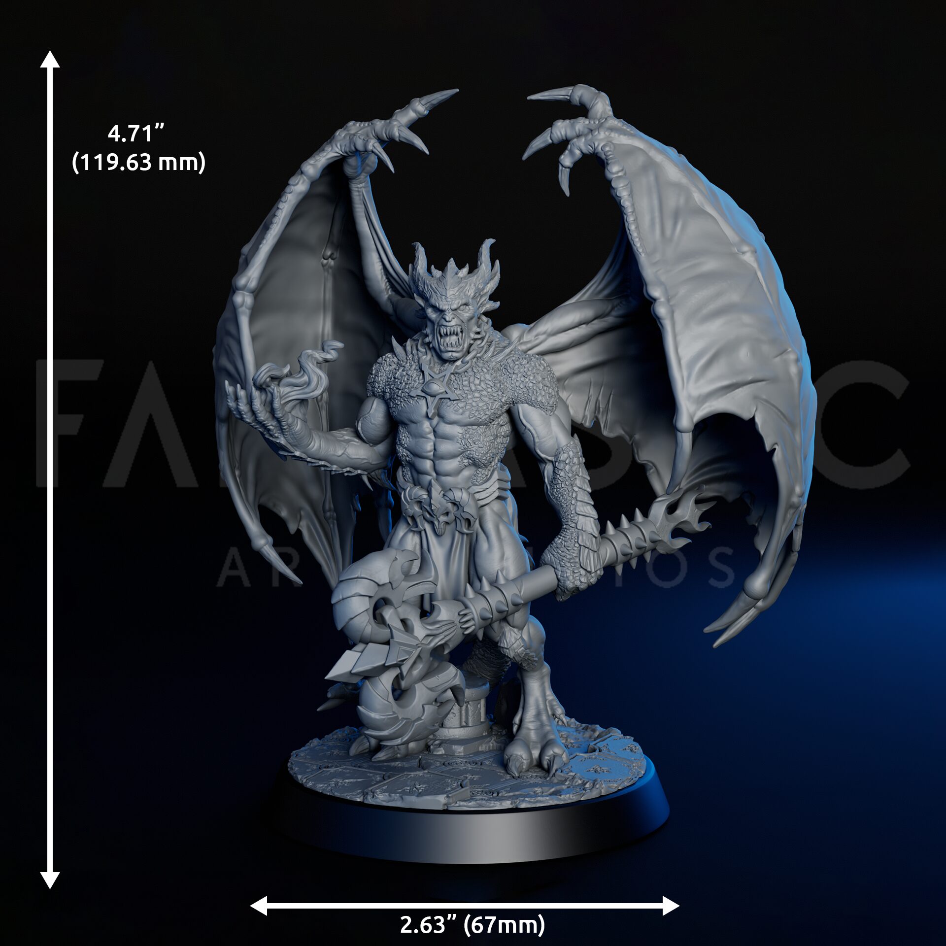 Dimensions of high-detailed 35mm pit fiend RPG fine art miniature for collectors, sculpted by Alex Oliver for Fantastic Art Studios.